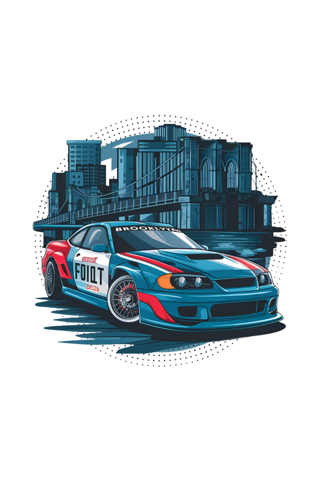 "High-detail close-up of sports car graphic printed on Tin Brother oversized t-shirt – vibrant and sharp automotive artwork"