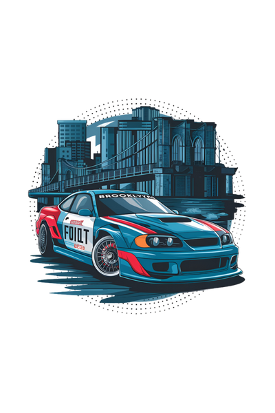 "High-detail close-up of sports car graphic printed on Tin Brother oversized t-shirt – vibrant and sharp automotive artwork"