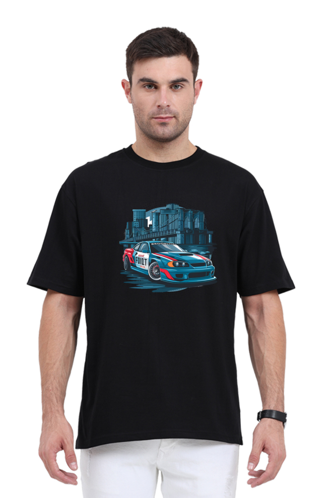"Front view of Tin Brother oversized sports car graphic t-shirt – premium unisex streetwear in cotton fabric"
