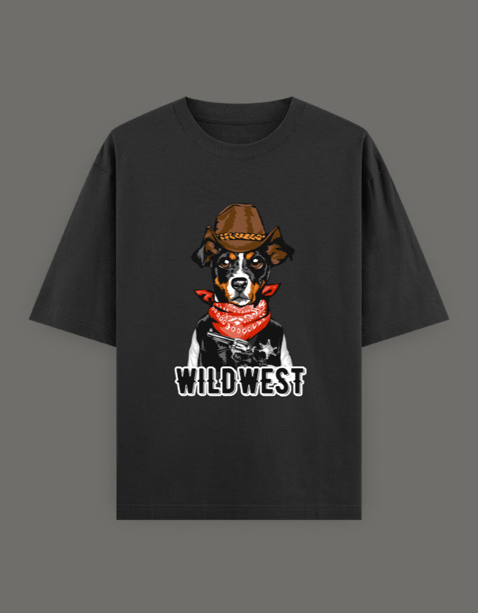 "Tin Brother Wild West Cowboy Dog Oversized Graphic T-Shirt – Front View Cowboy Dog Print Streetwear"