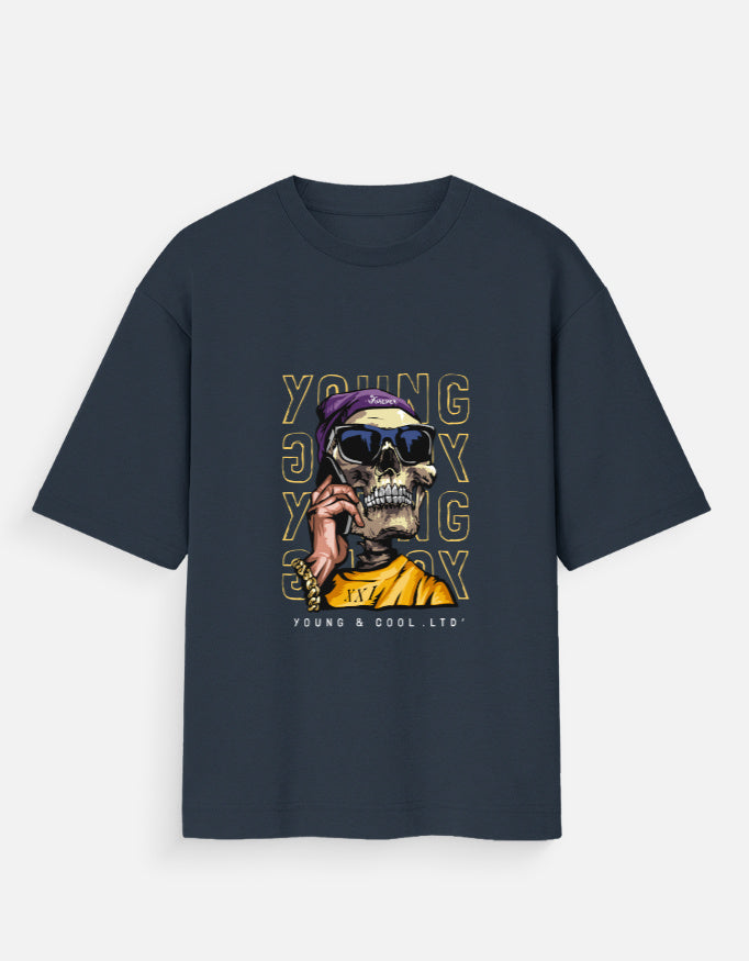 Front View: Tin Brother Forever Young Skull Oversized Streetwear Graphic T-Shirt – Front Design