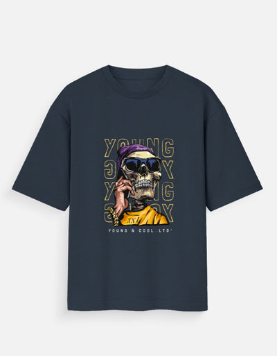 Front View: Tin Brother Forever Young Skull Oversized Streetwear Graphic T-Shirt – Front Design
