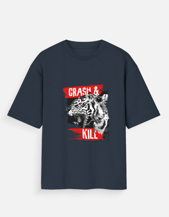 Front View: Tin Brother Crash & Kill Tiger Oversized Unisex Graphic Streetwear T-Shirt – Front Design
