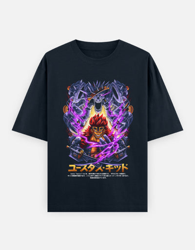 Front View: Tin Brother Purple Voltage Pirate Oversized Anime-Inspired Graphic T-Shirt – Front Design
