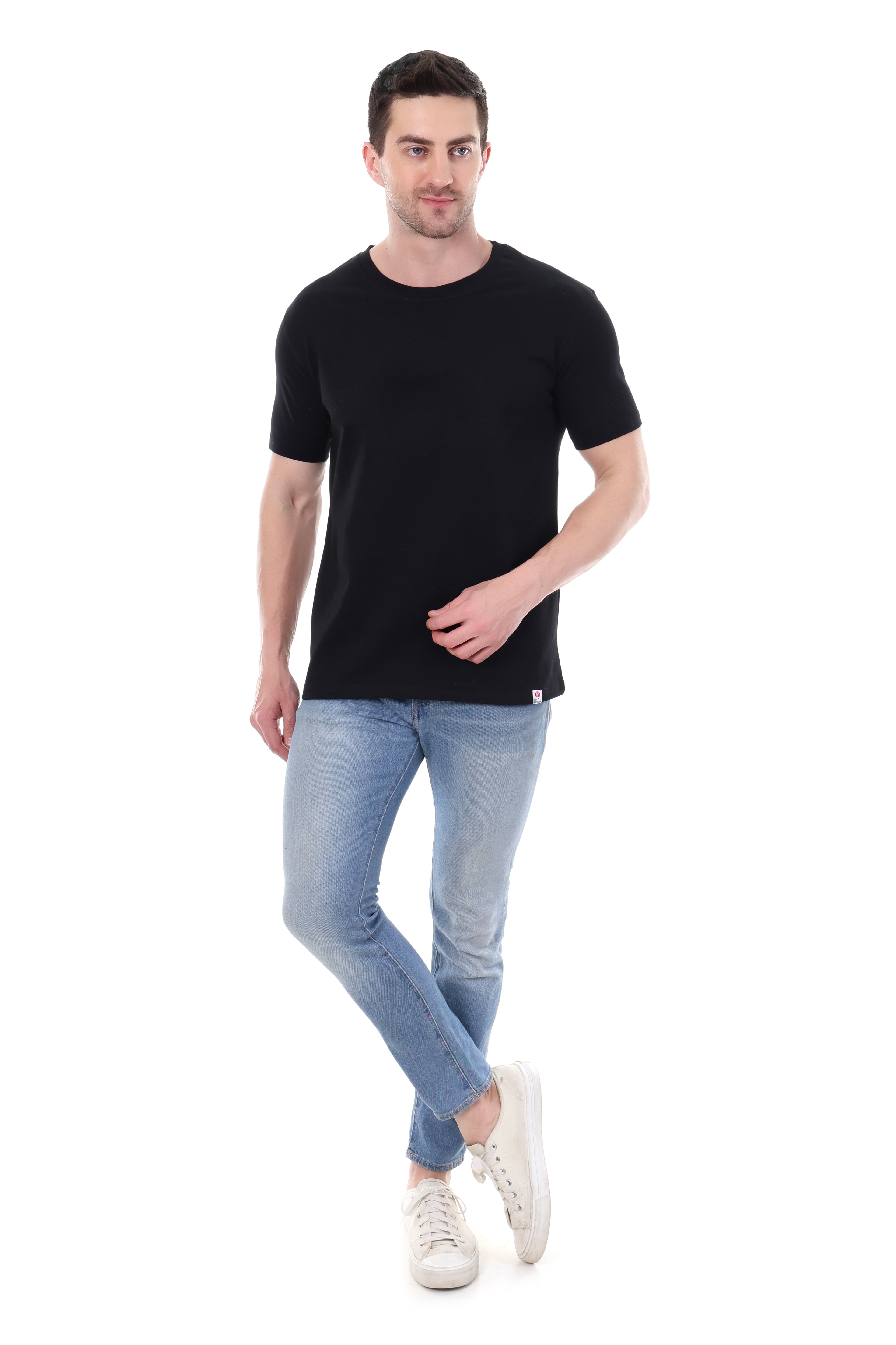 Flat lay of 220 GSM pure cotton solid black regular fit t-shirt by Tin Brother