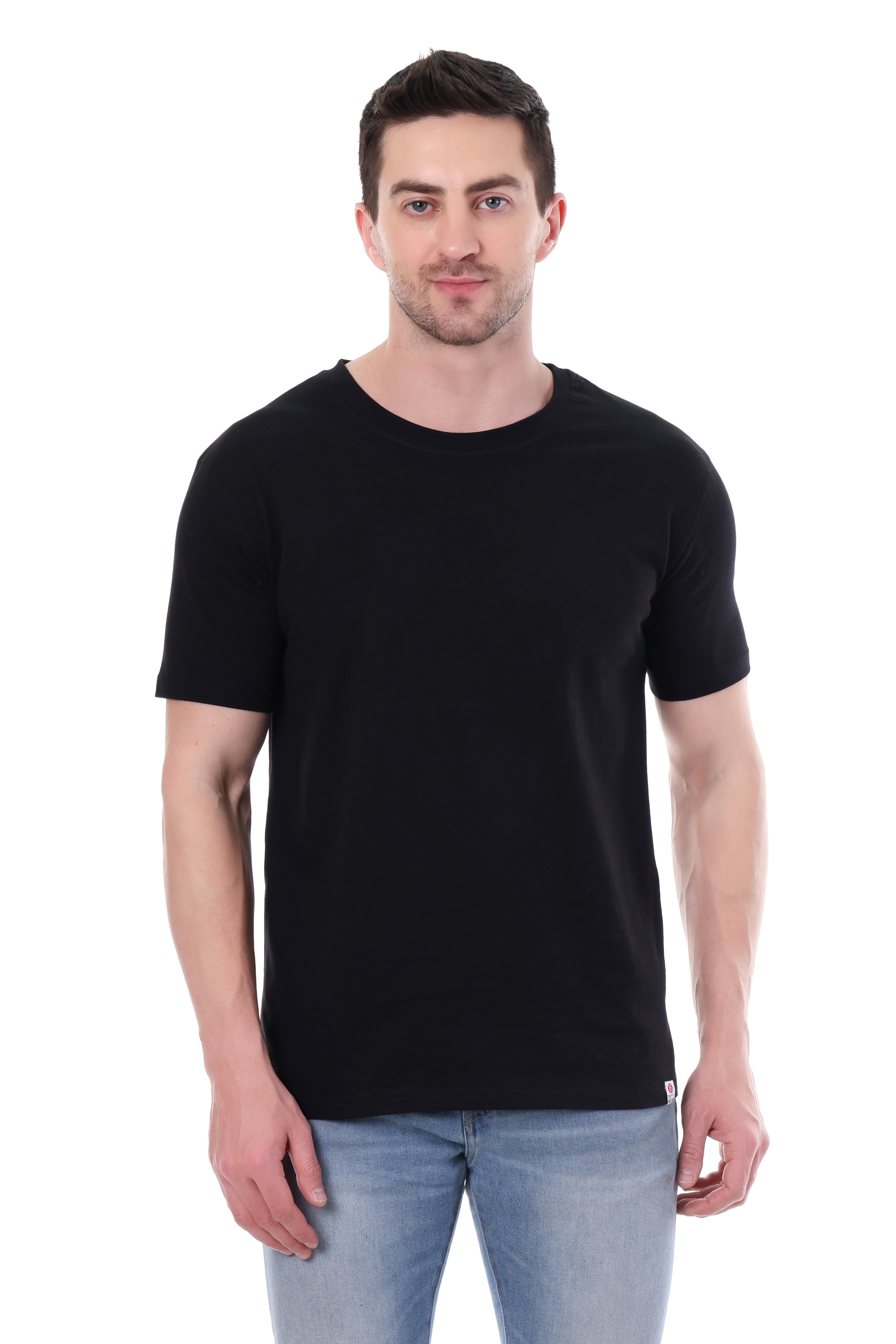 Front view of Tin Brother solid black regular fit t-shirt – unisex cotton tee