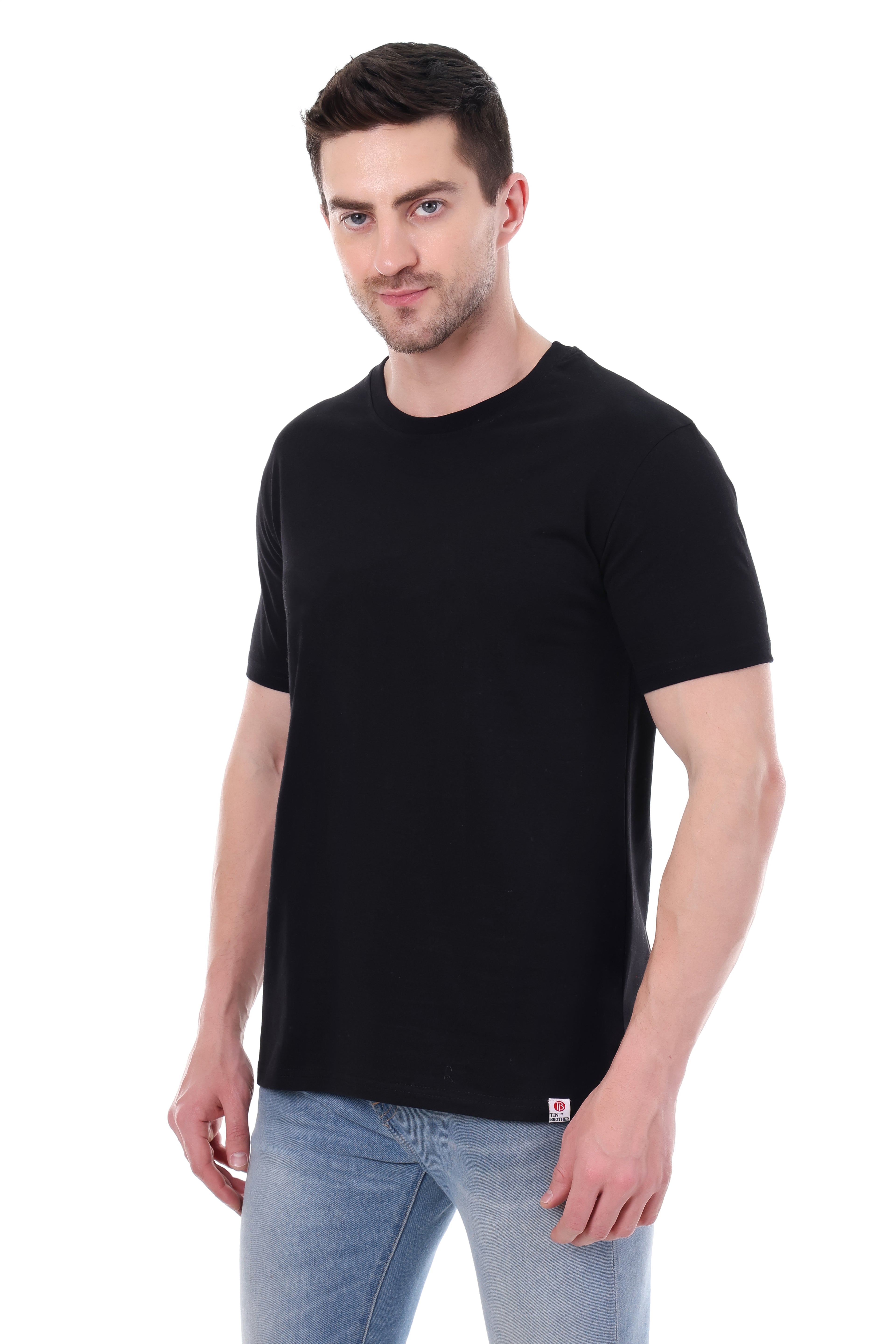 Side view showing regular fit and sleeve details of Tin Brother black tee