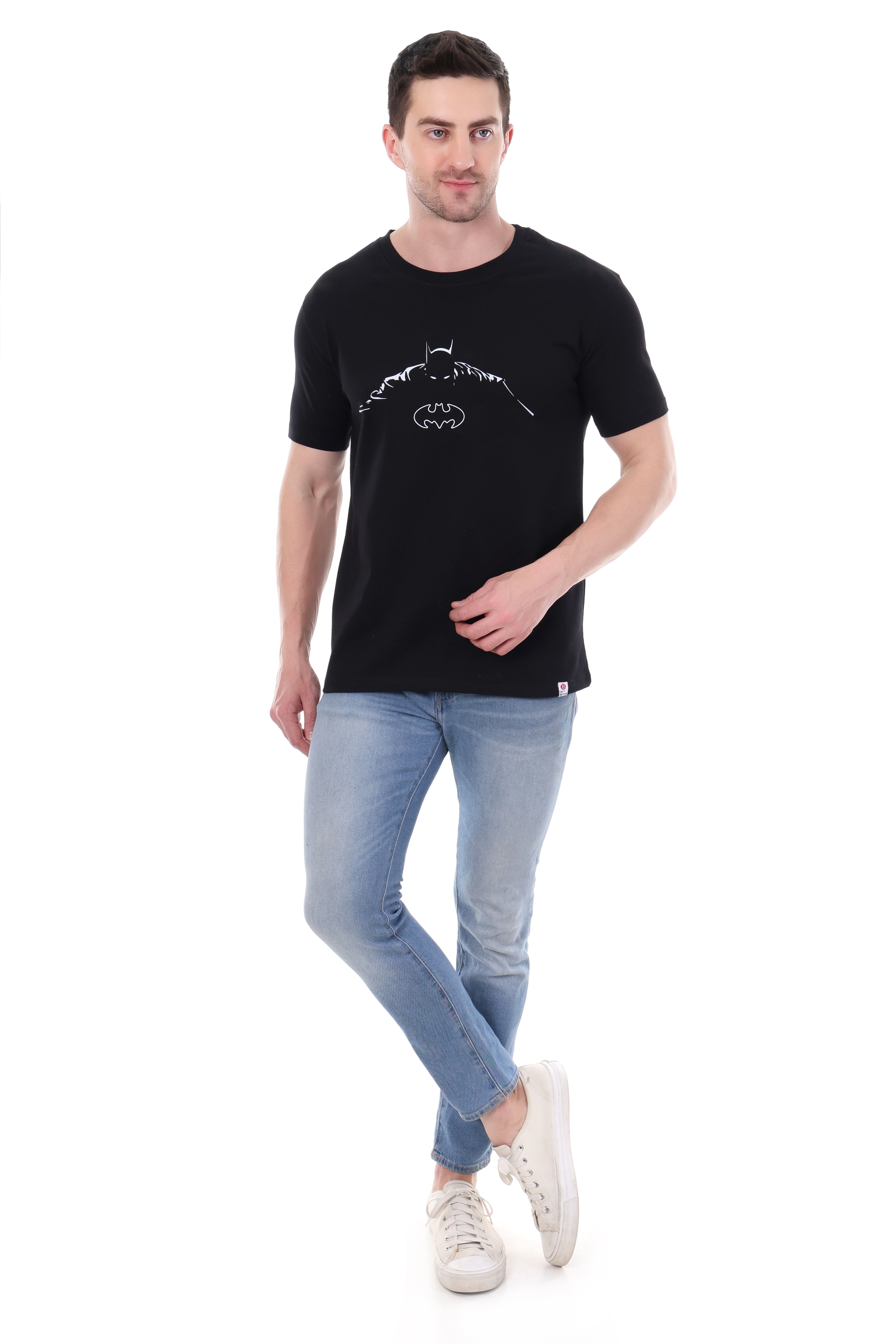 Flat lay of 220 GSM pure cotton black t-shirt featuring BATMAN graphic print