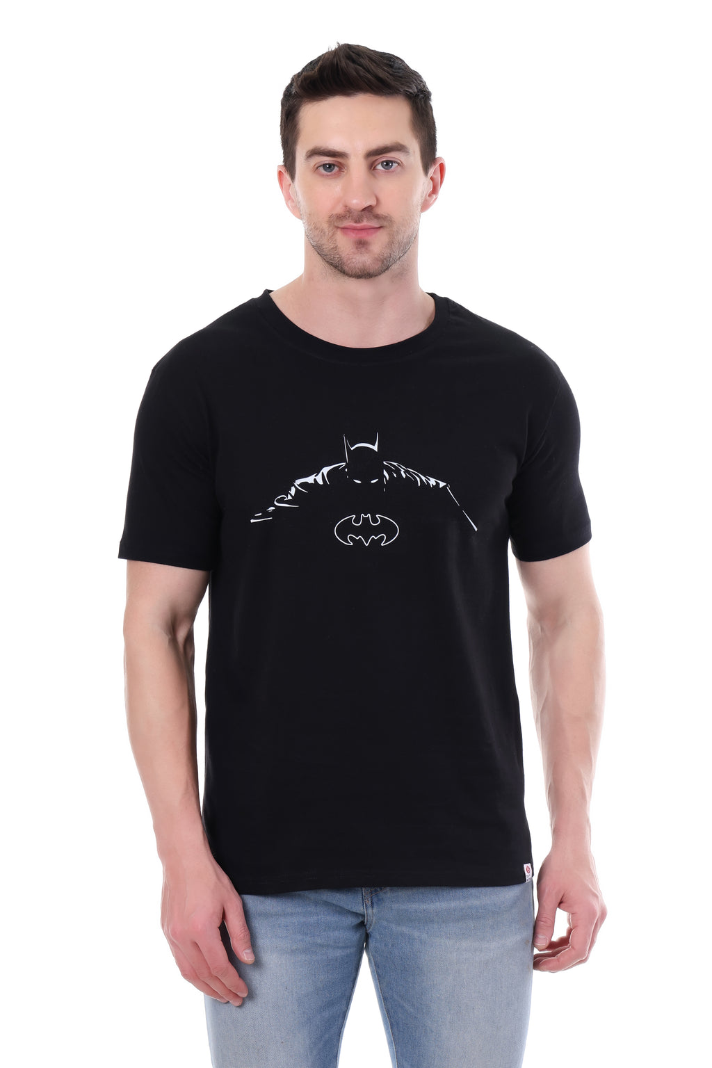 Front view of Tin Brother BATMAN graphic t-shirt in black – unisex regular fit