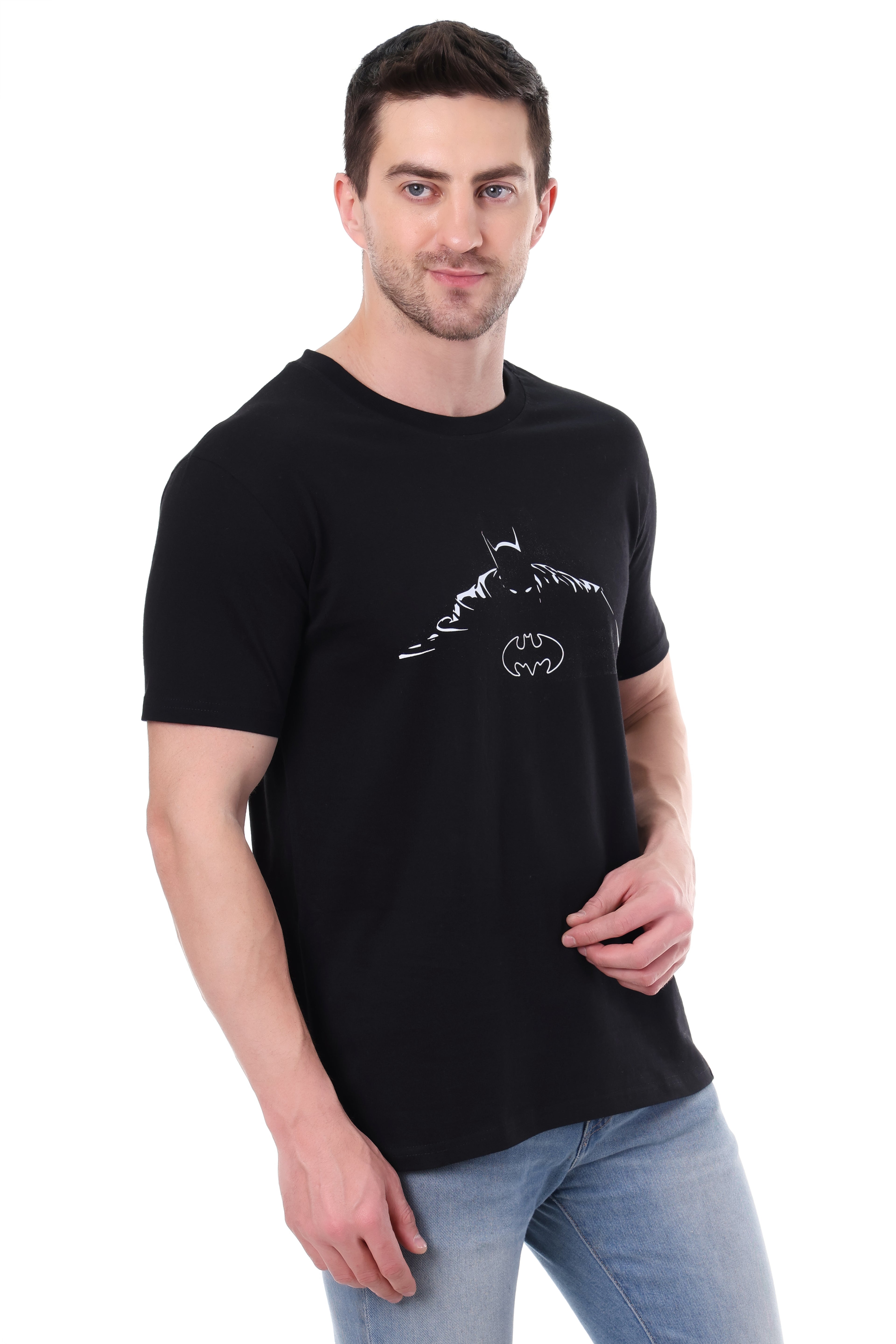 Side view of BATMAN graphic t-shirt – showing sleeve and fit details