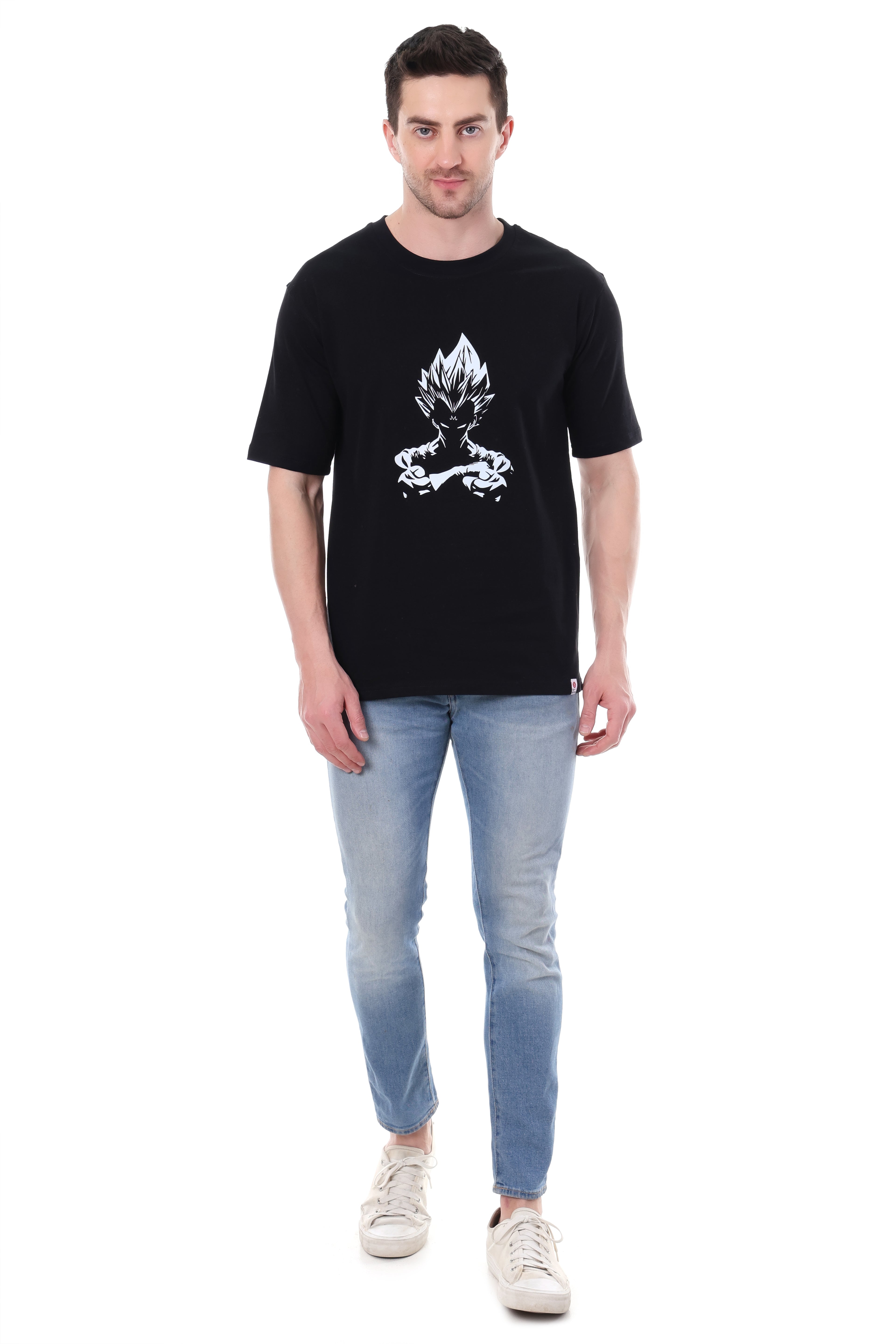 Flat lay of VEGETA anime t-shirt by Tin Brother – 220 GSM black cotton with front print