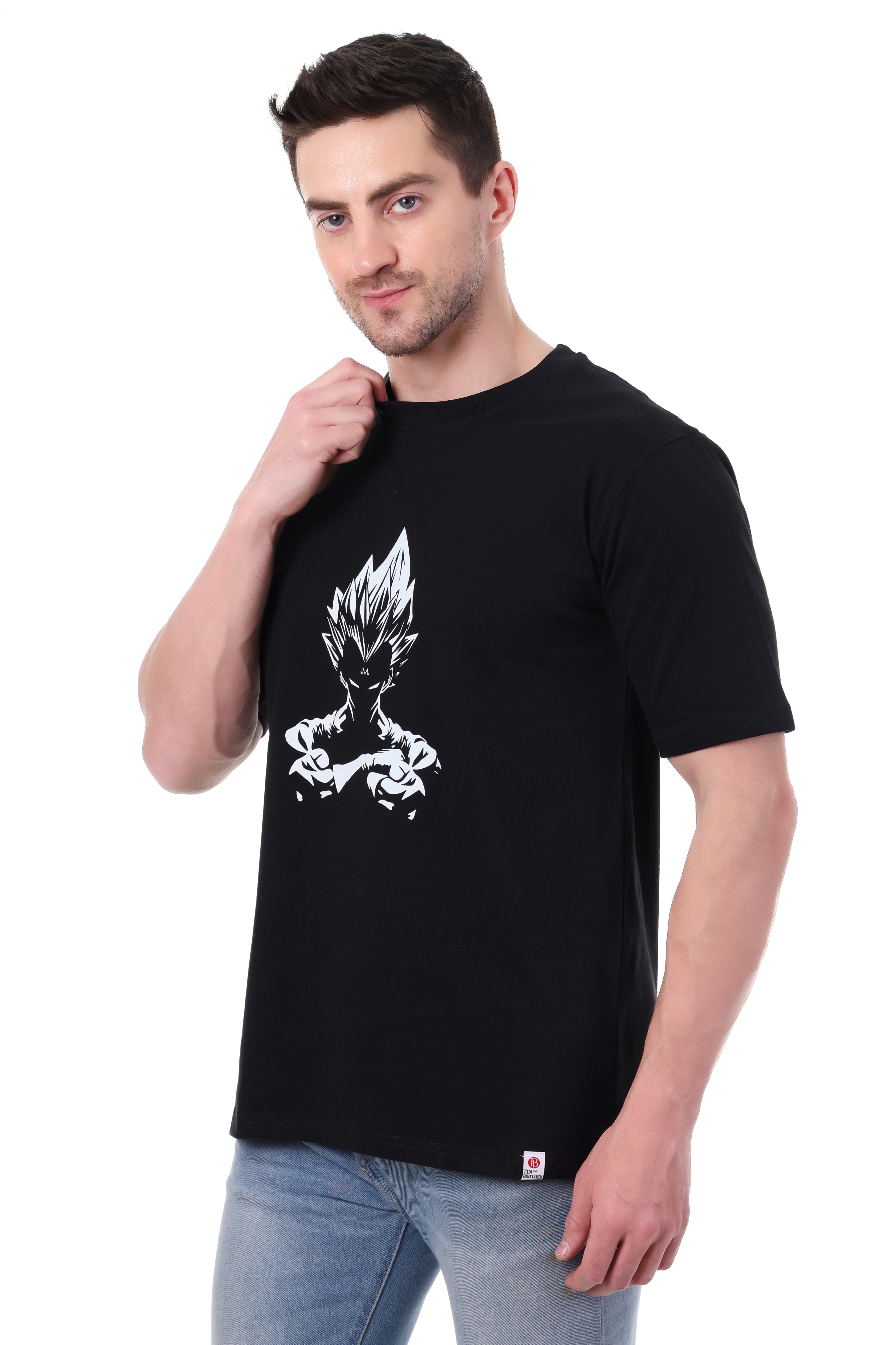 Side view of VEGETA graphic t-shirt – oversized unisex fit with sleeve detail