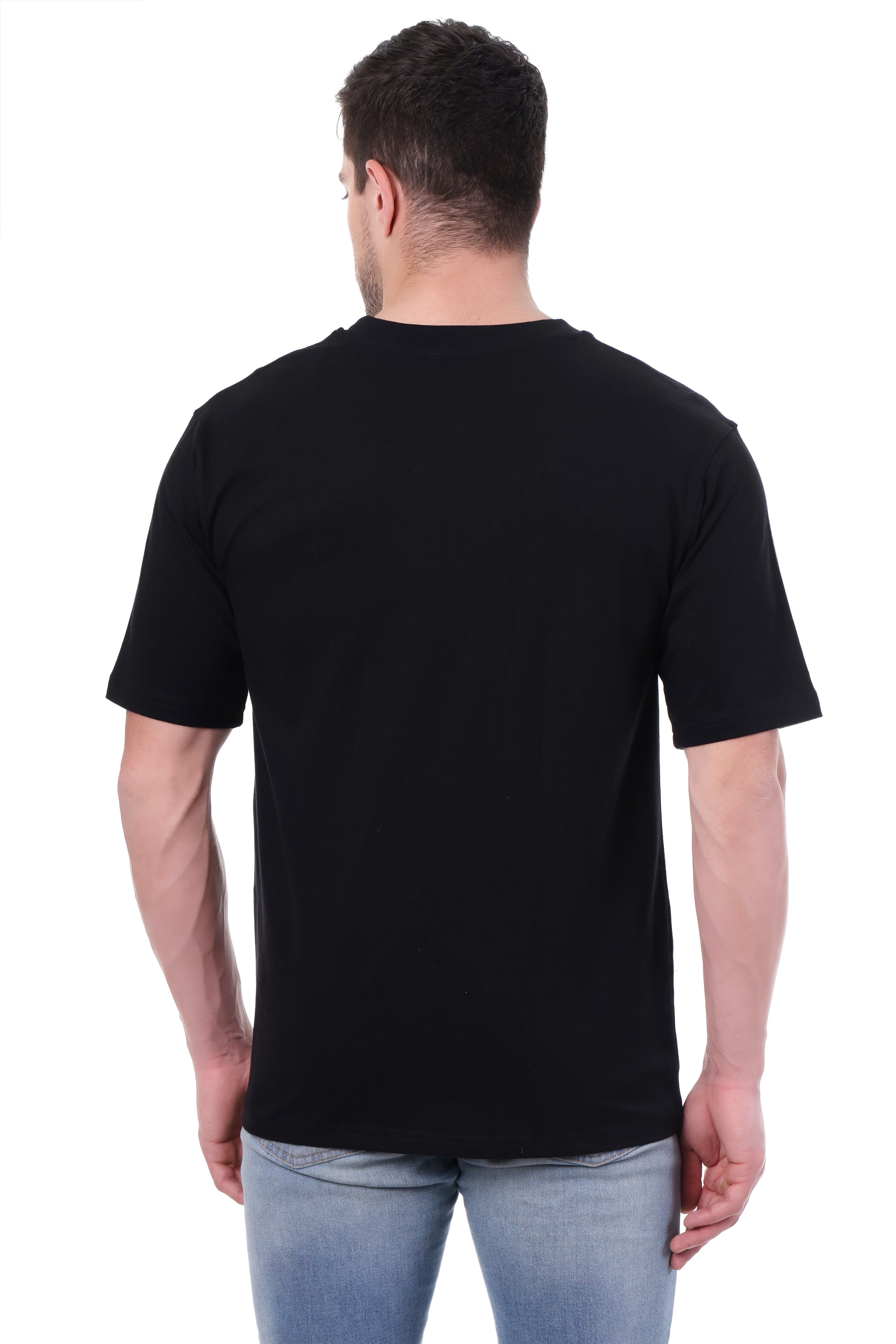 Back side of Tin Brother black oversized tee – plain finish with drop shoulder style