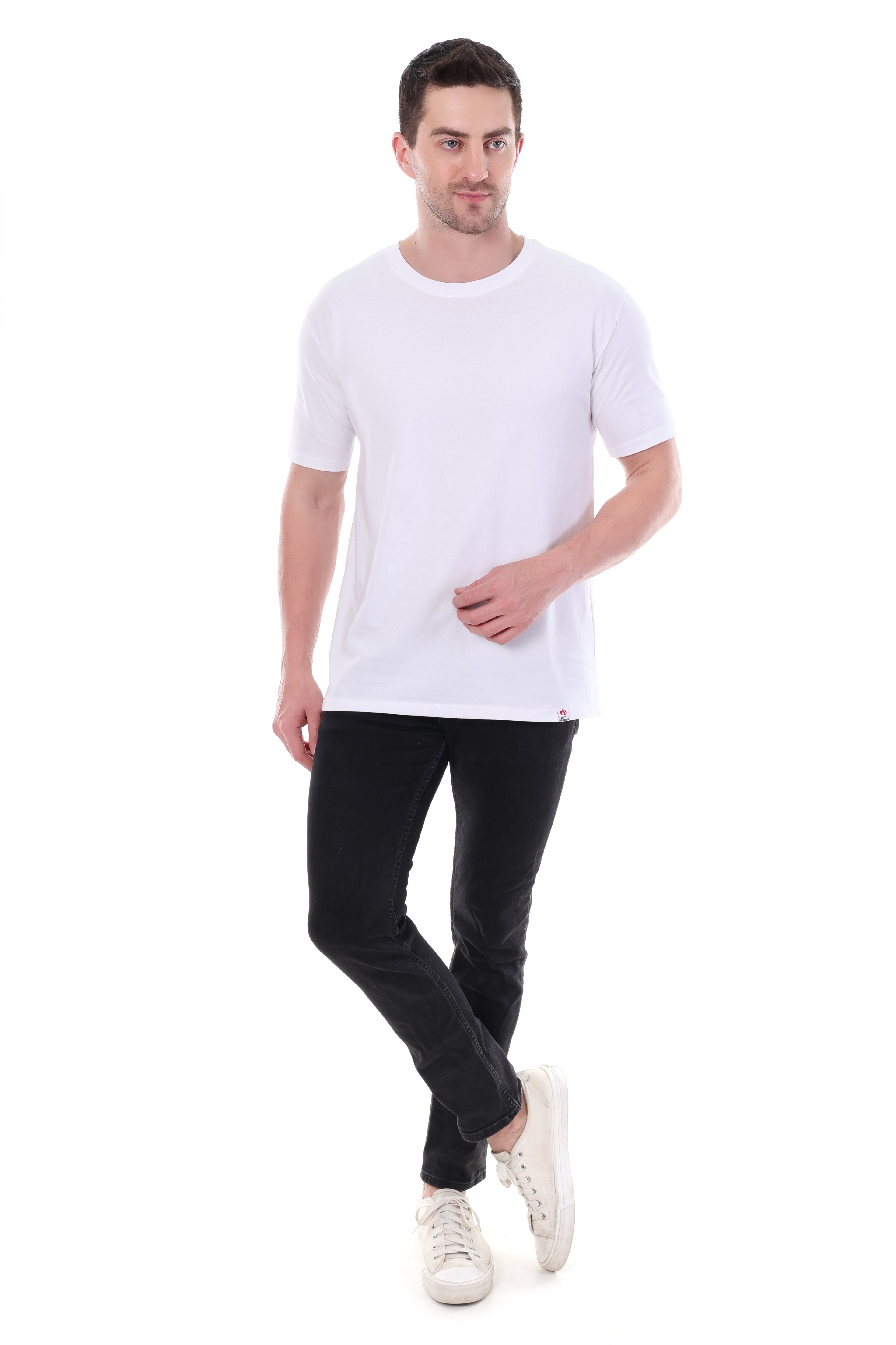 Front view of a man wearing solid white premium unisex T-shirt by Tin Brother