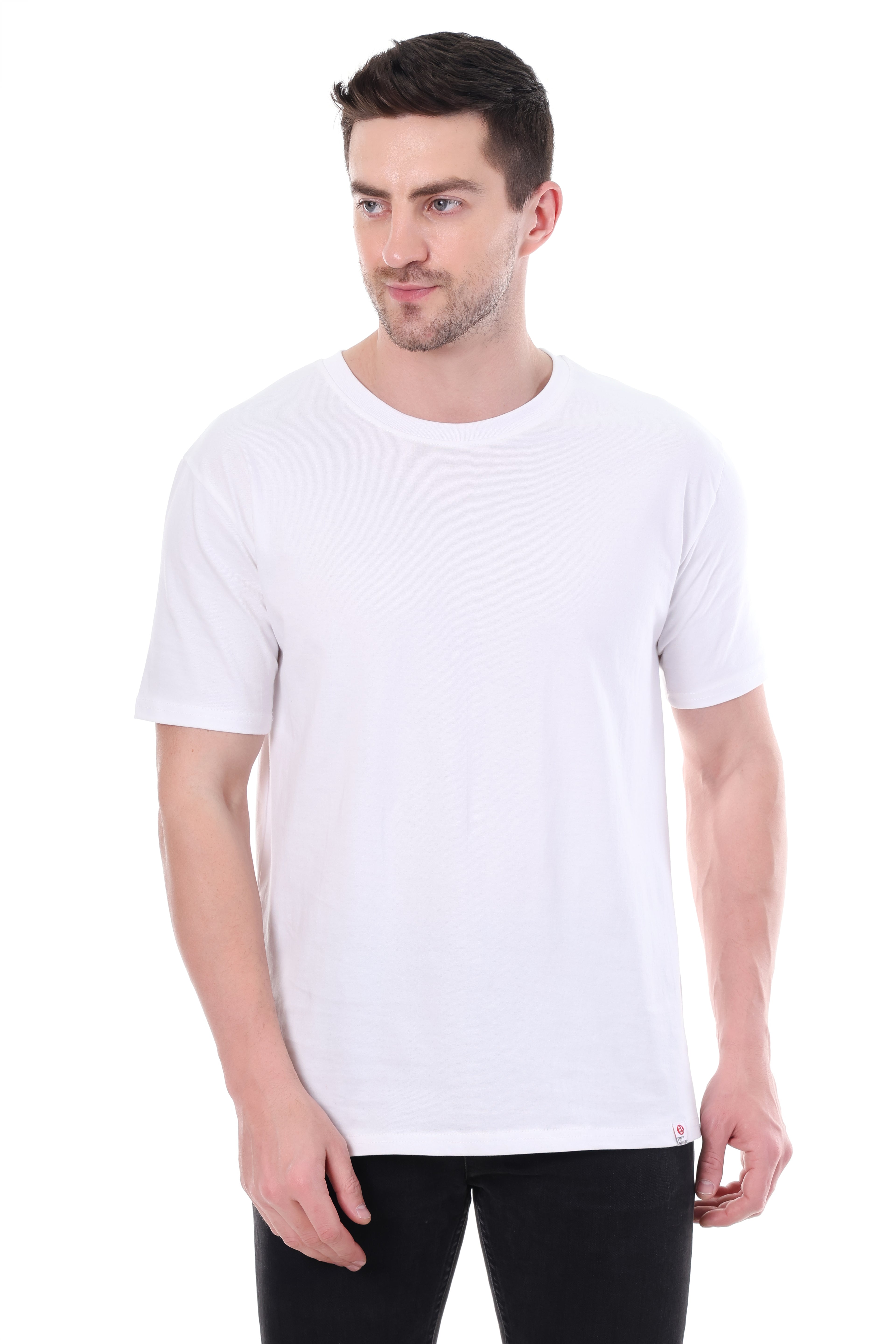 "Model wearing Tin Brother oversized white streetwear tee"