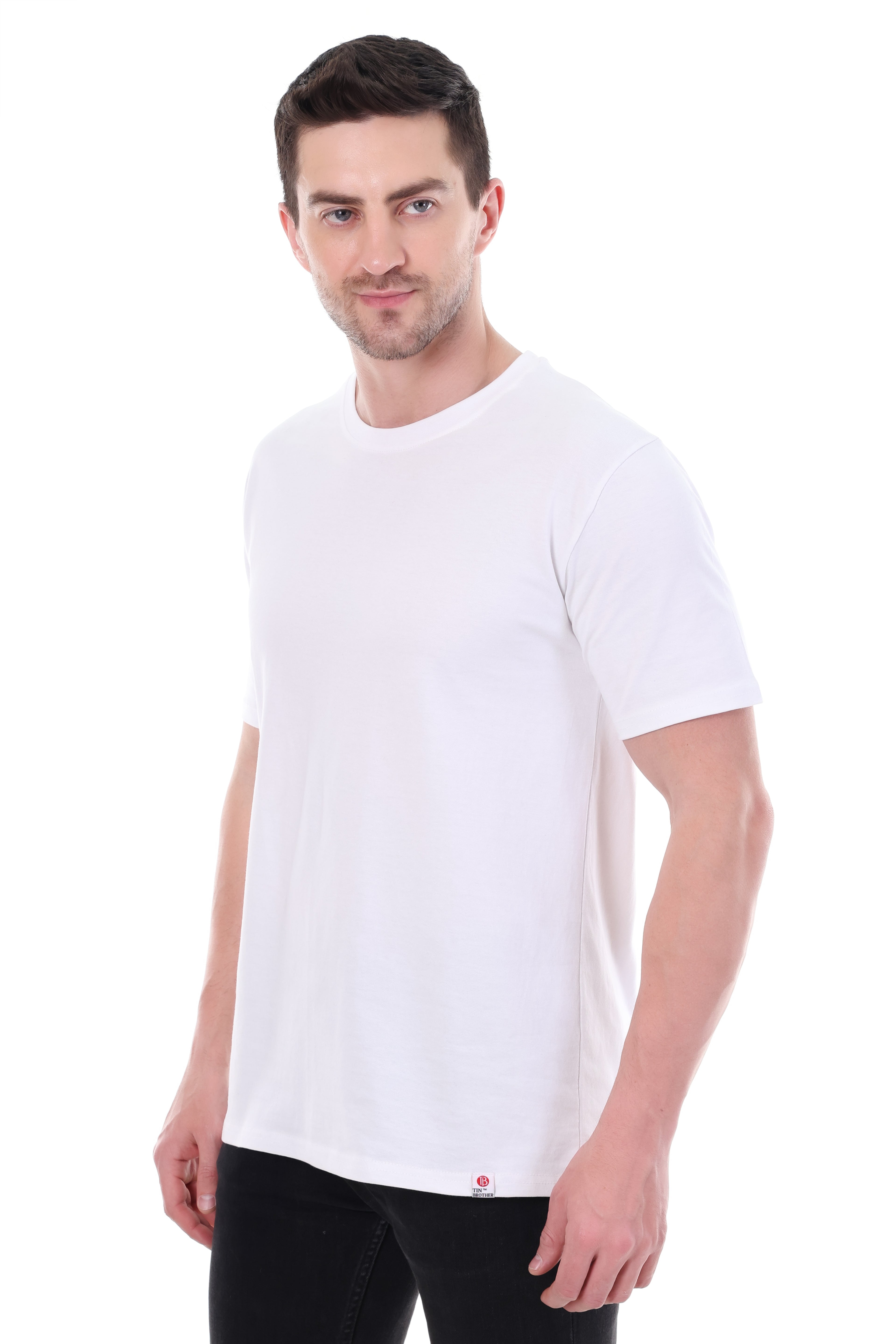 "Side profile of unisex white oversized t-shirt fit"