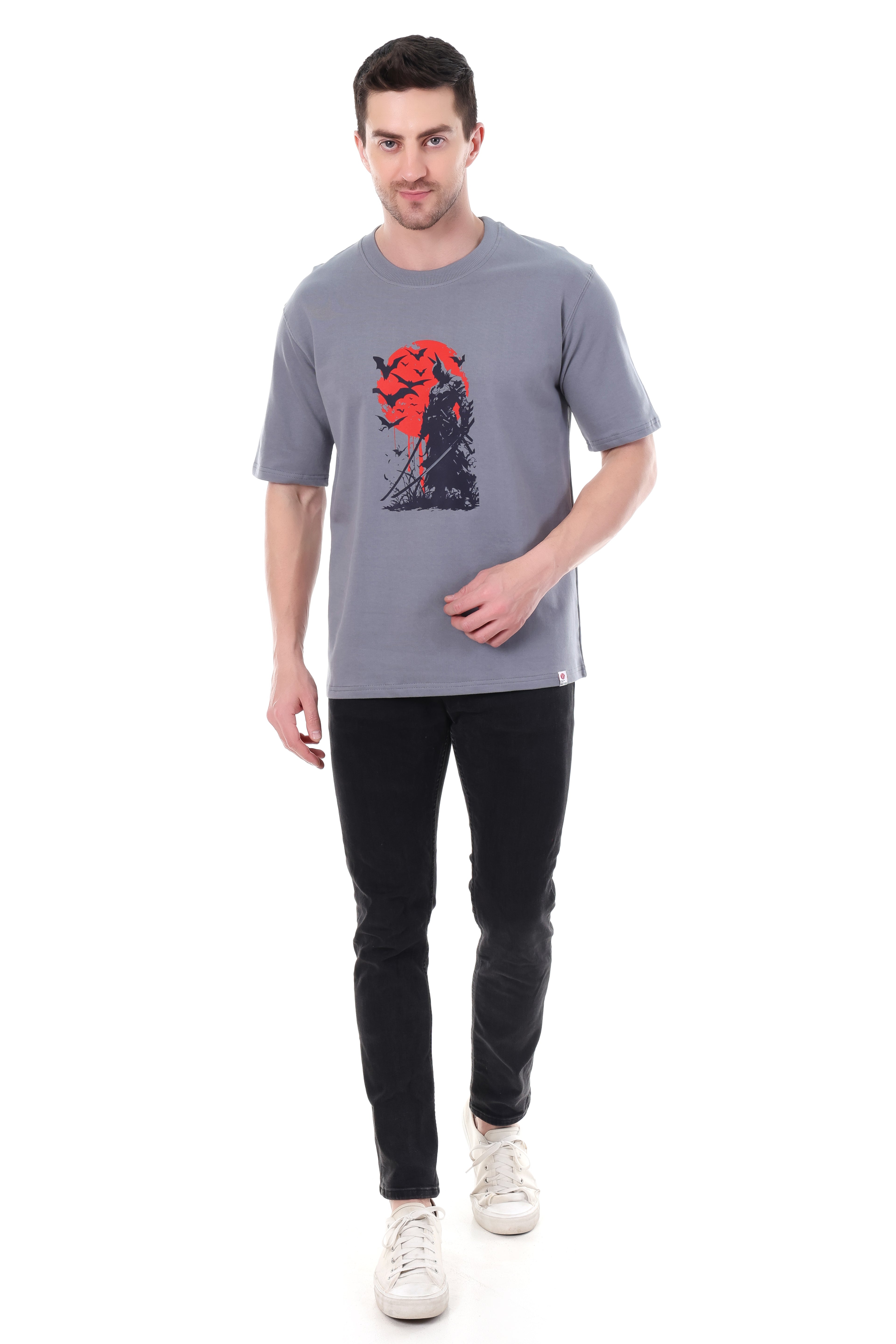 Flat lay of grey 240 GSM Tin Brother t-shirt featuring BATMAN print on French terry fabric