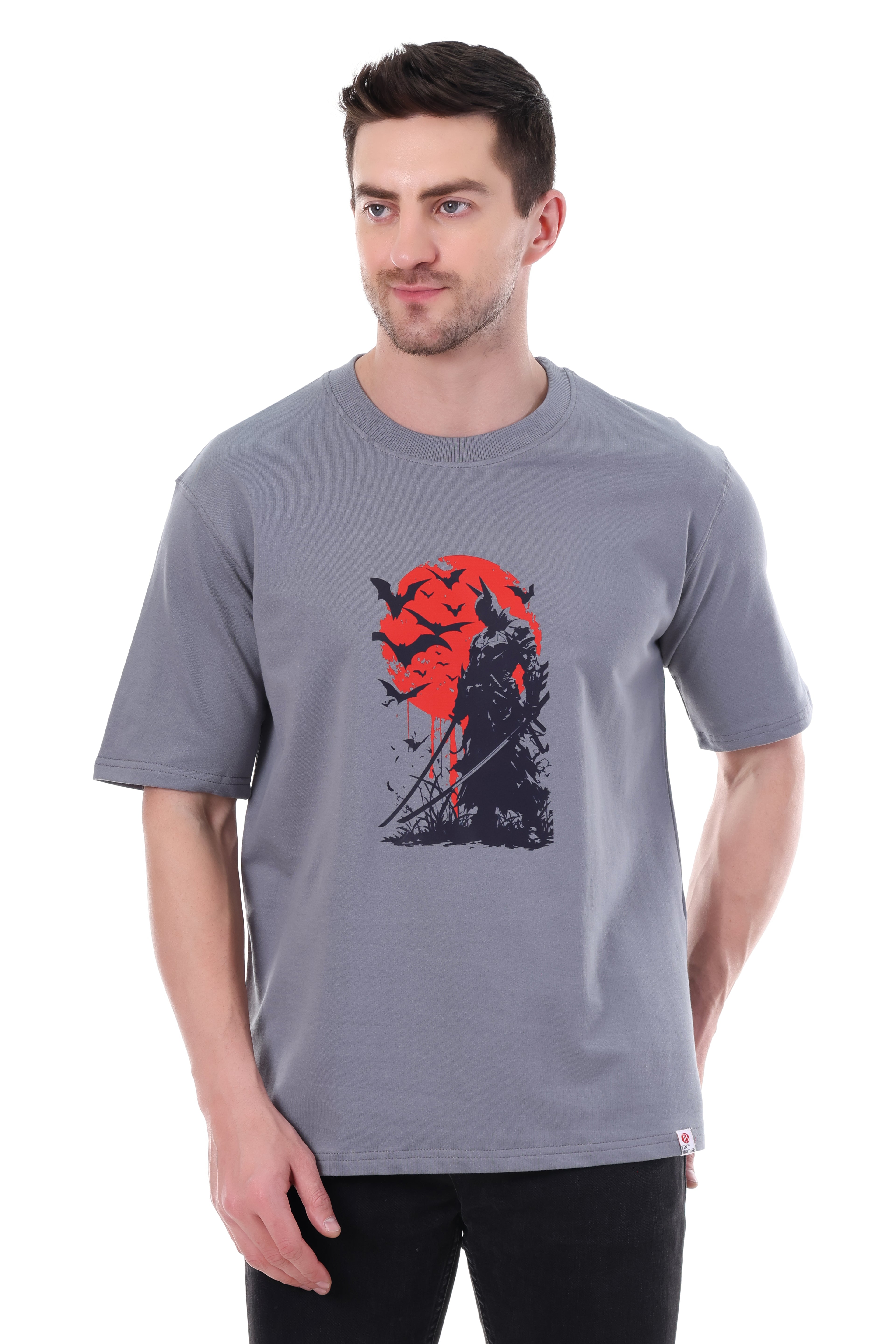 Front view of Tin Brother BATMAN graphic t-shirt in grey – oversized unisex fit