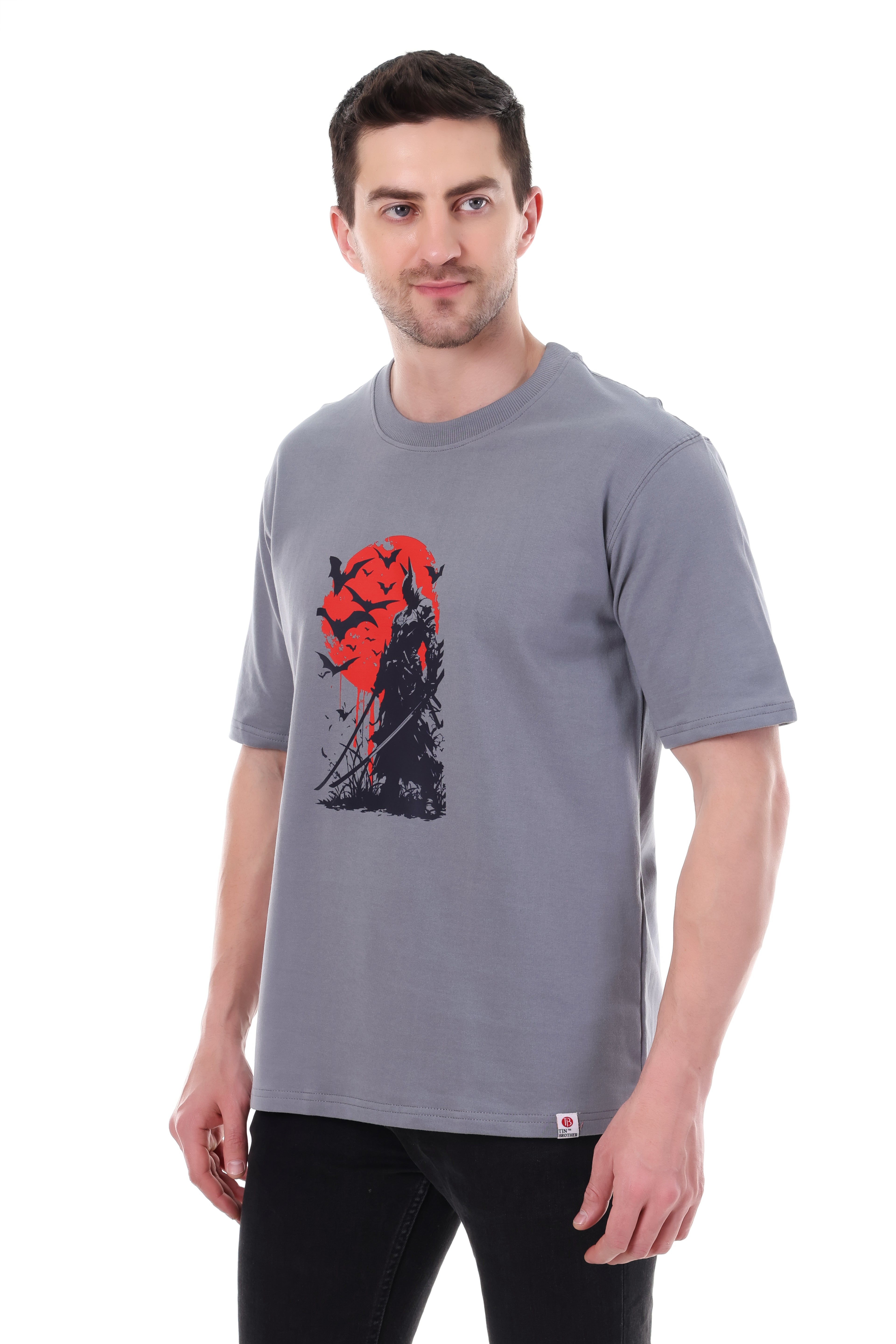 Side view of Tin Brother BATMAN oversized t-shirt – drop shoulder unisex fit