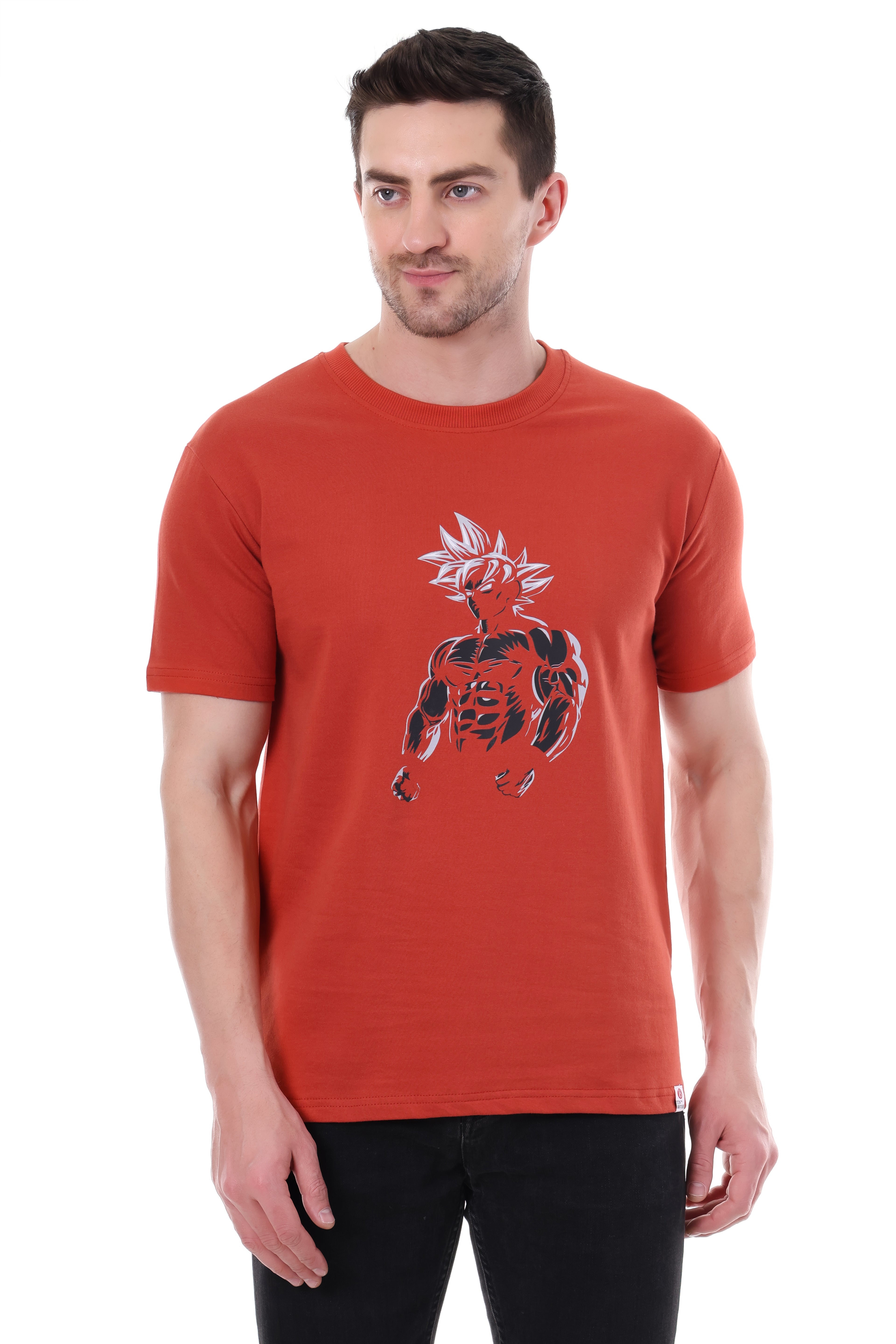 Front view of Tin Brother GOKU graphic t-shirt in rust red – oversized unisex fit