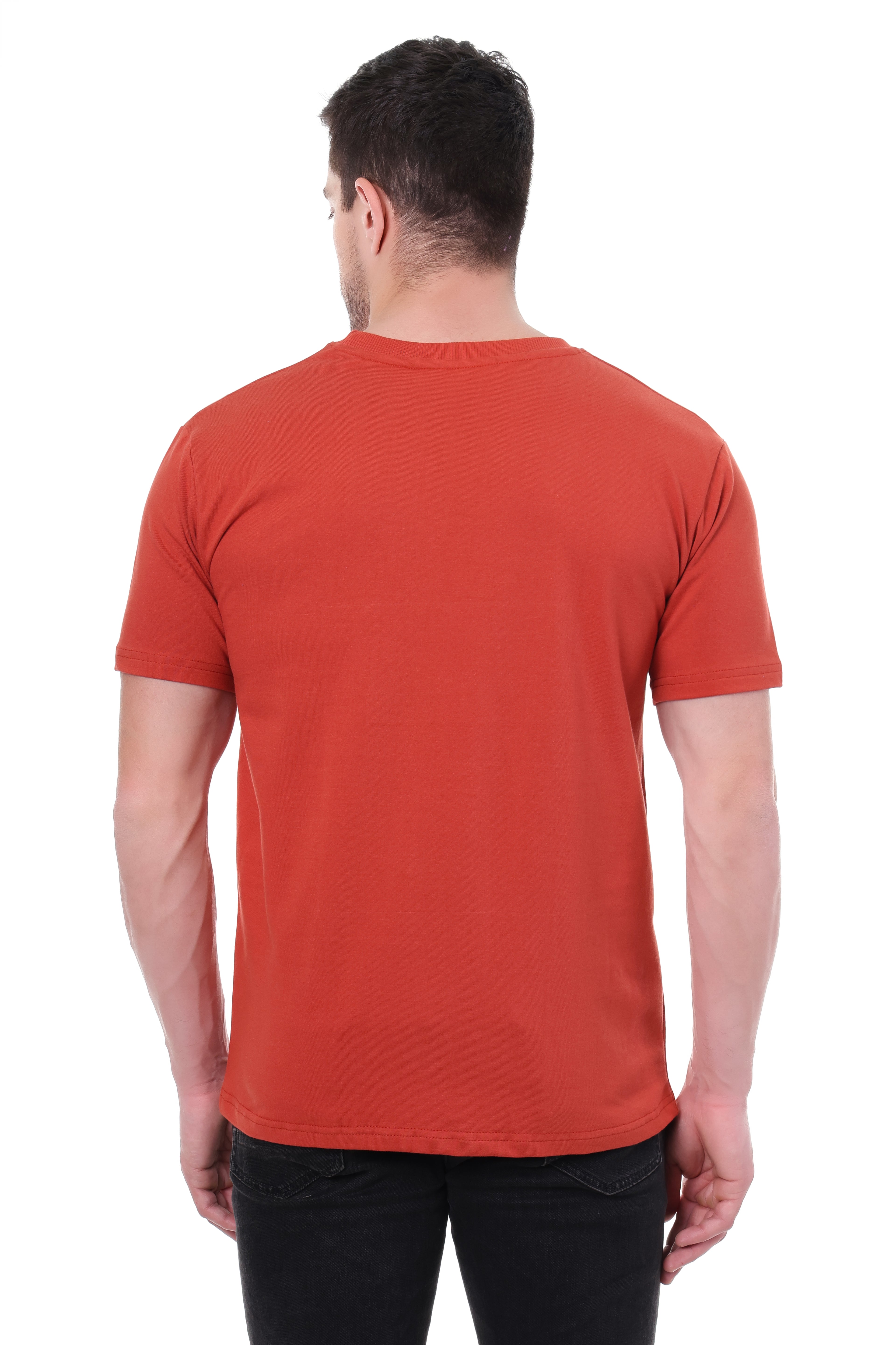 Back side of Tin Brother GOKU tee – plain rust red cotton with drop shoulders