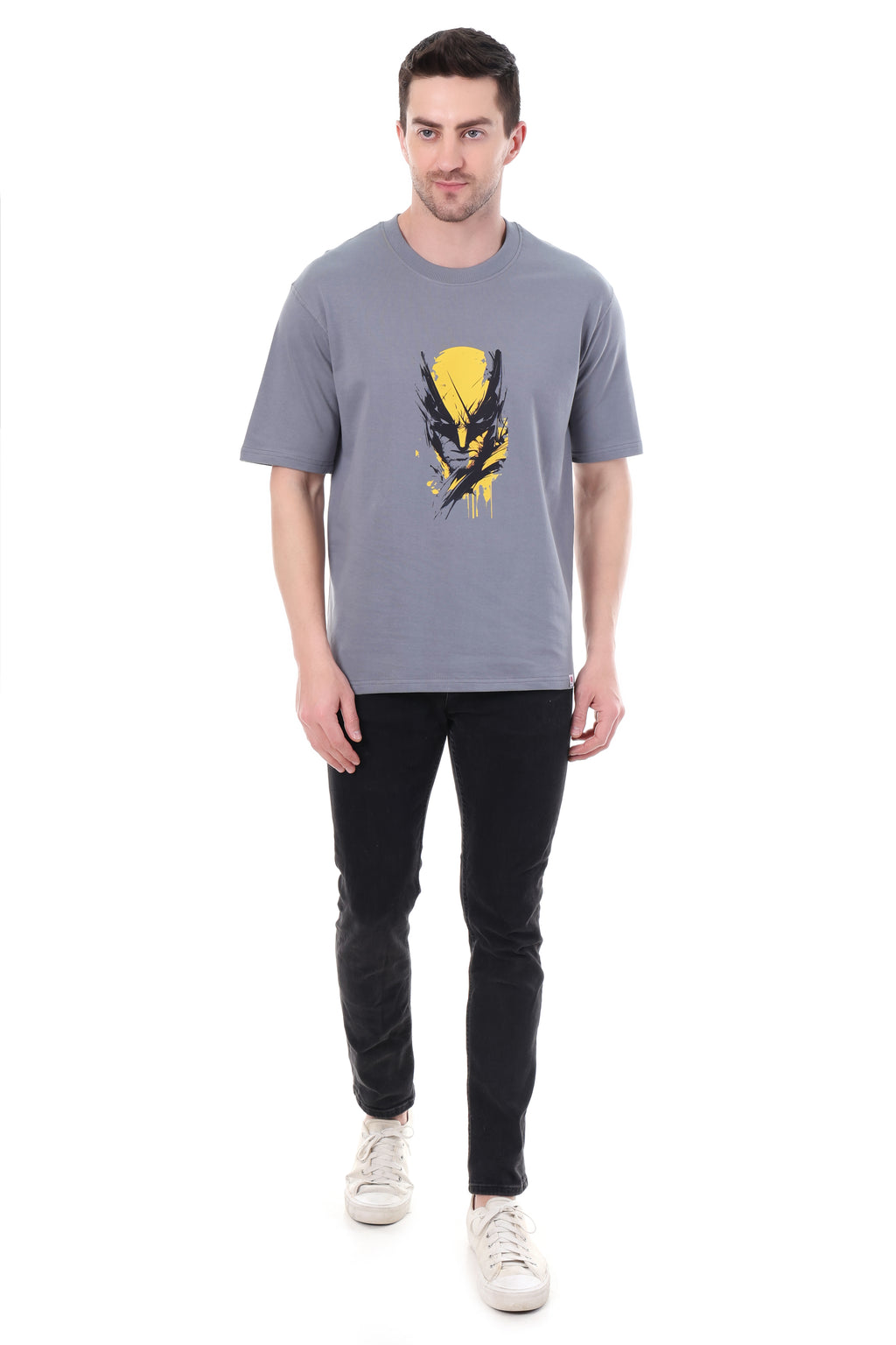 Flat lay of Tin Brother 240 GSM French terry cotton t-shirt with bold X-MAN print