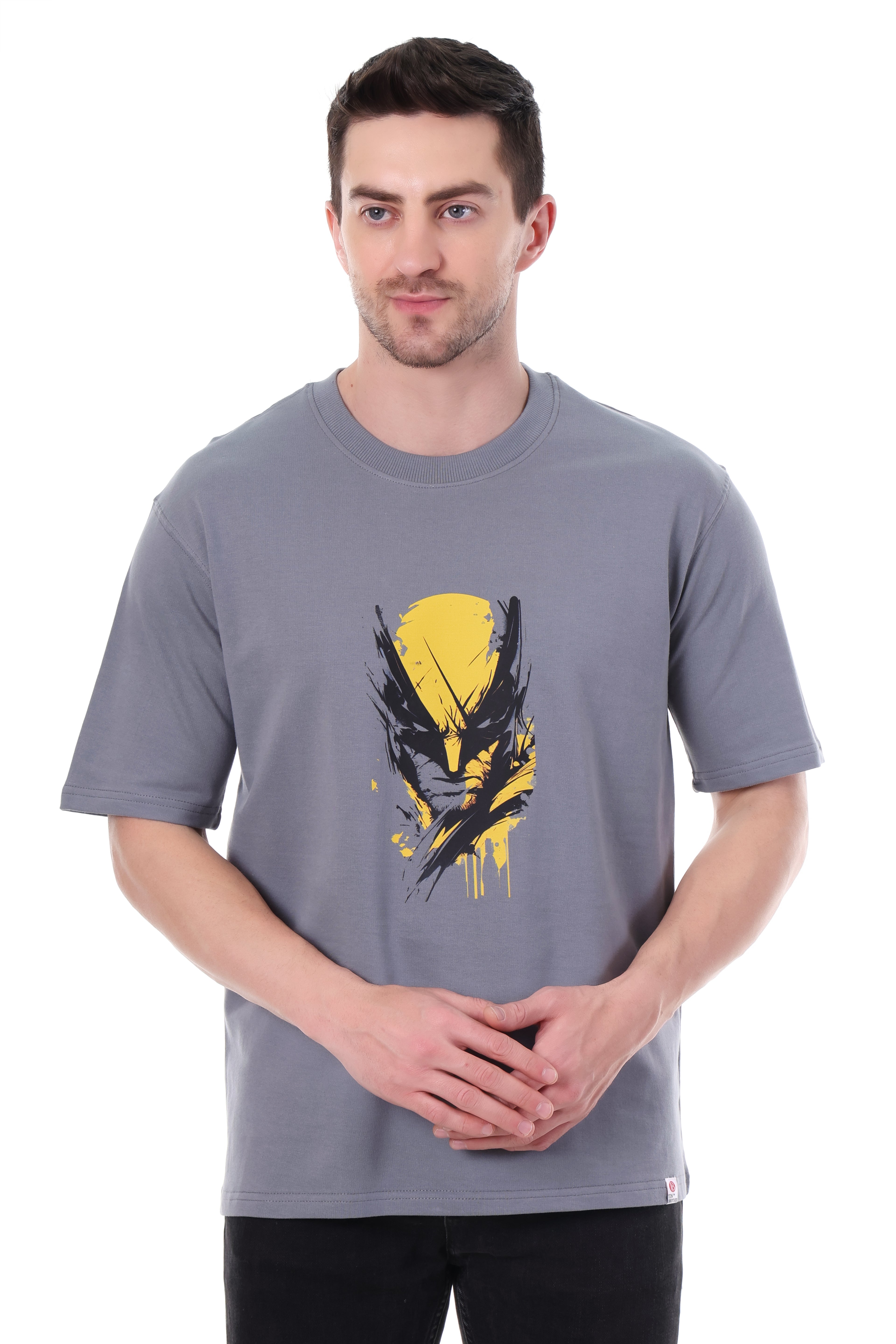 Front view of Tin Brother X-MAN graphic t-shirt in grey – oversized unisex streetwear fit