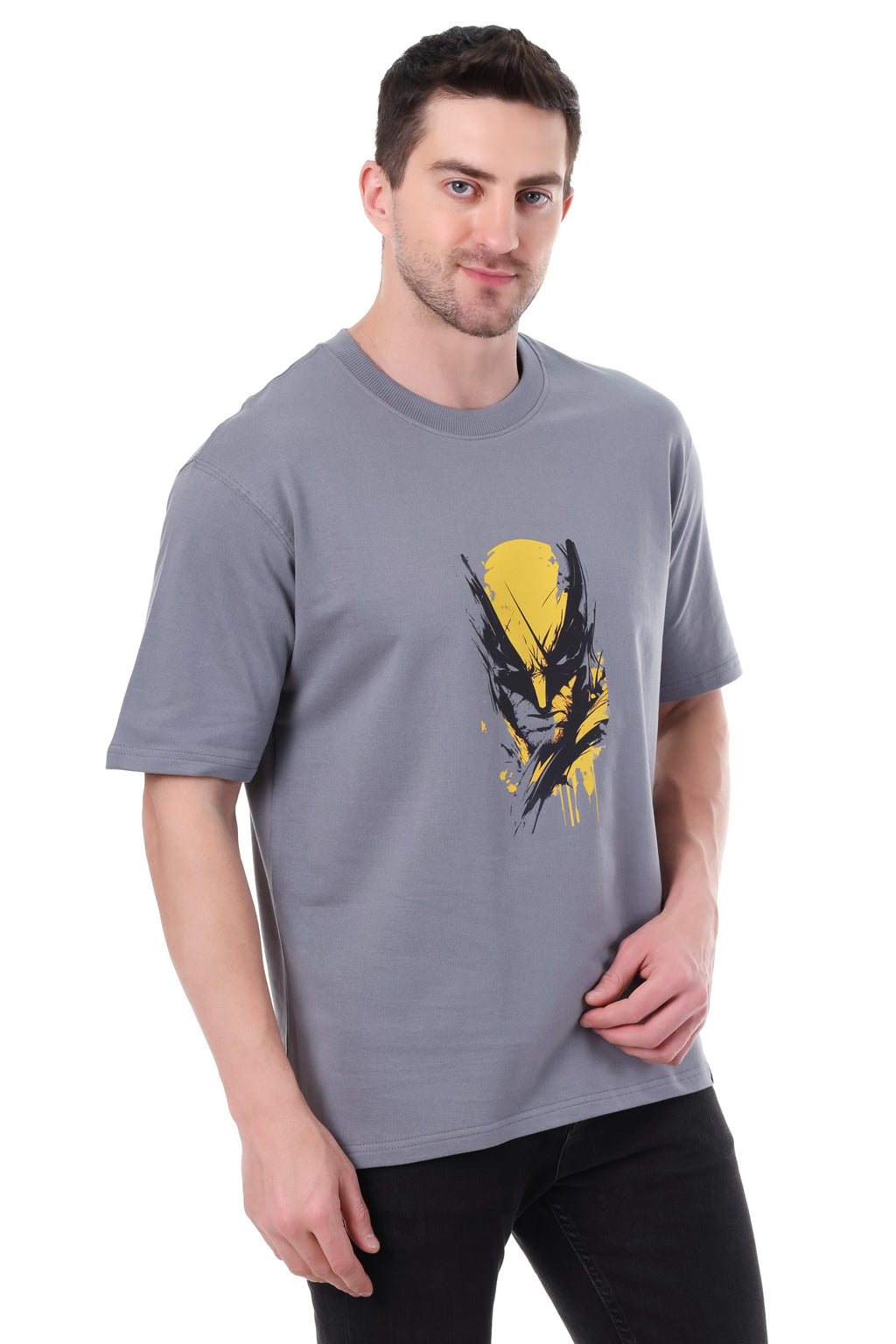 Side view of Tin Brother X-MAN t-shirt – showing sleeve drop and oversized silhouette
