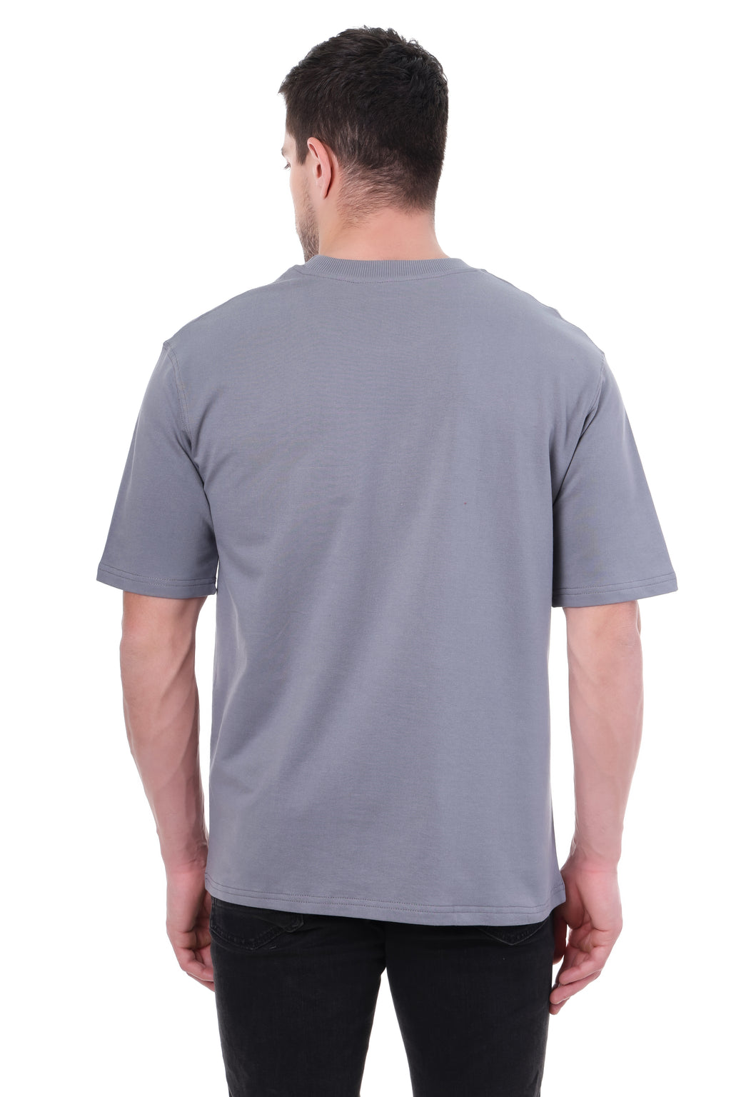 Back view of Tin Brother oversized grey tee – plain with structured drop shoulder fit