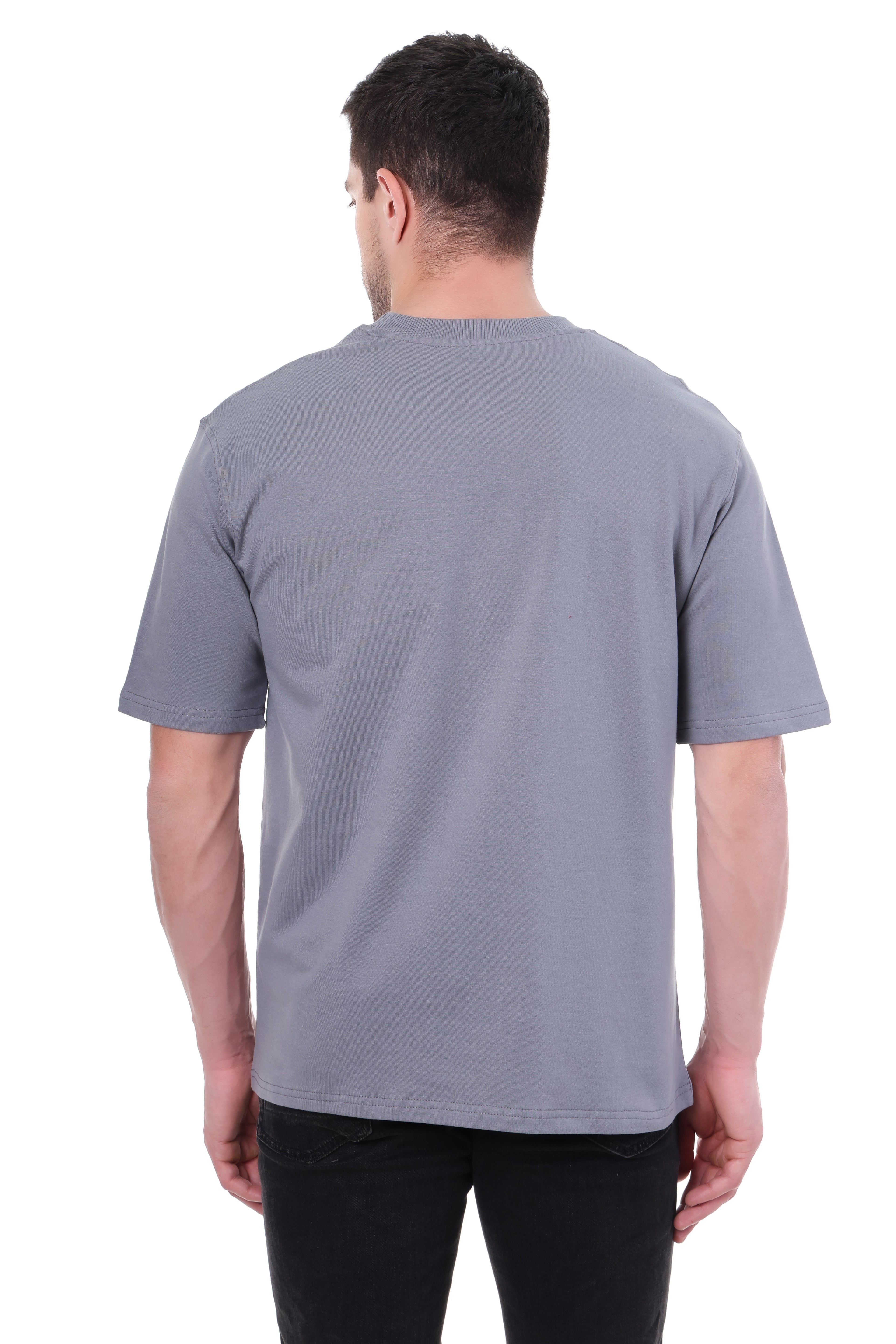 Back view of Tin Brother oversized grey tee – plain with structured drop shoulder fit