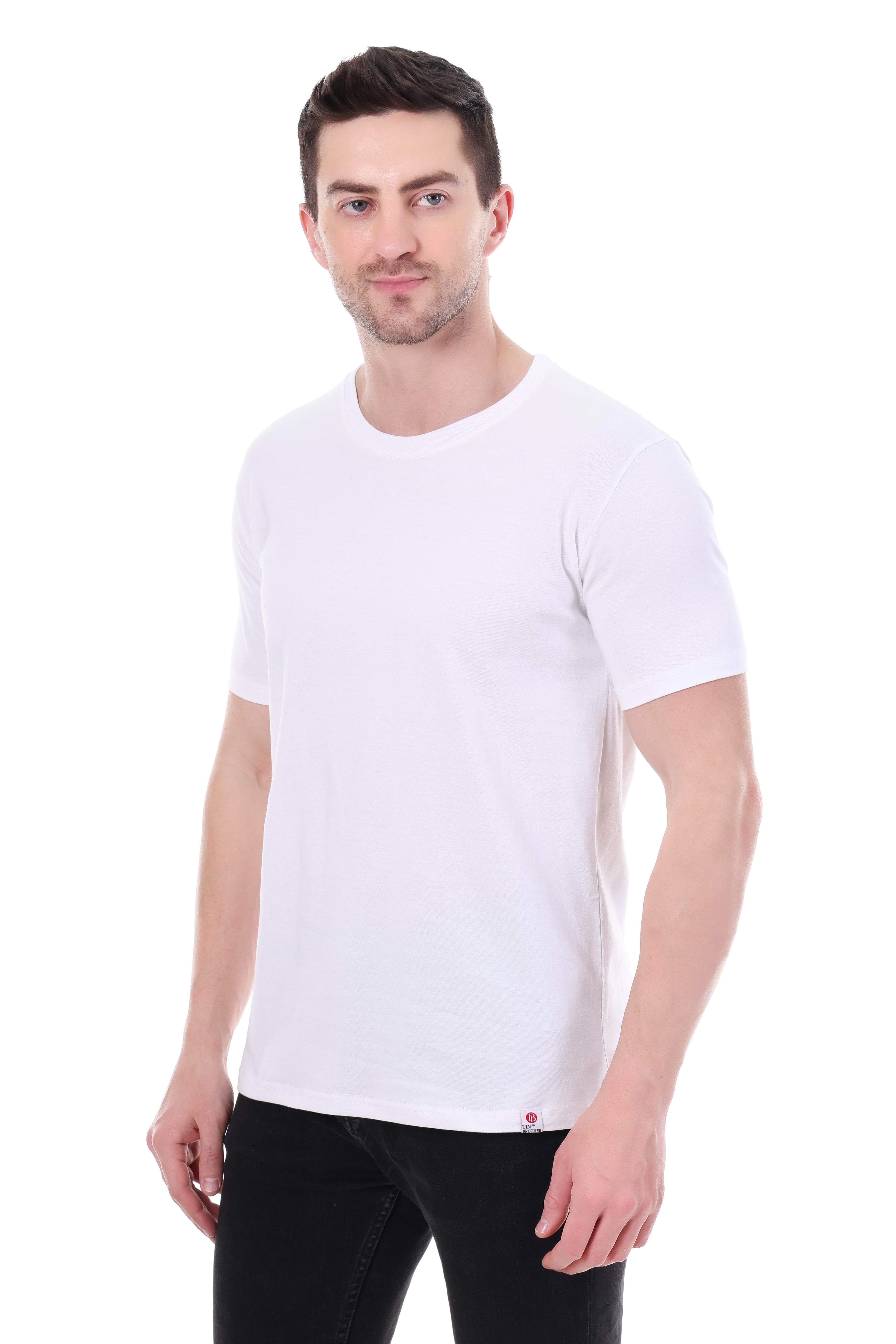 Side view of Tin Brother white premium t-shirt – highlighting the fit and sleeves