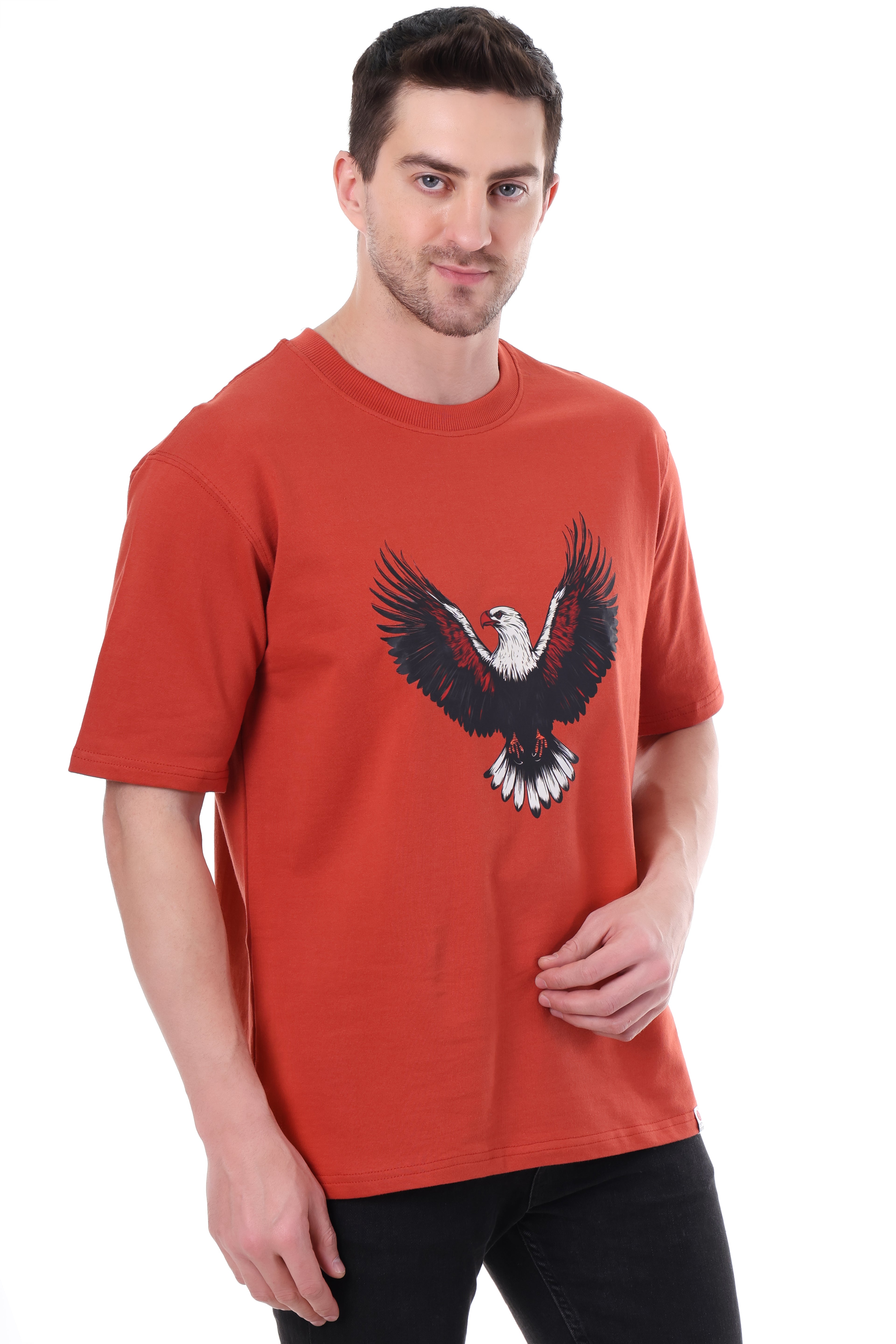 Side view of Tin Brother Eagle graphic oversized t-shirt showing fit and fabric