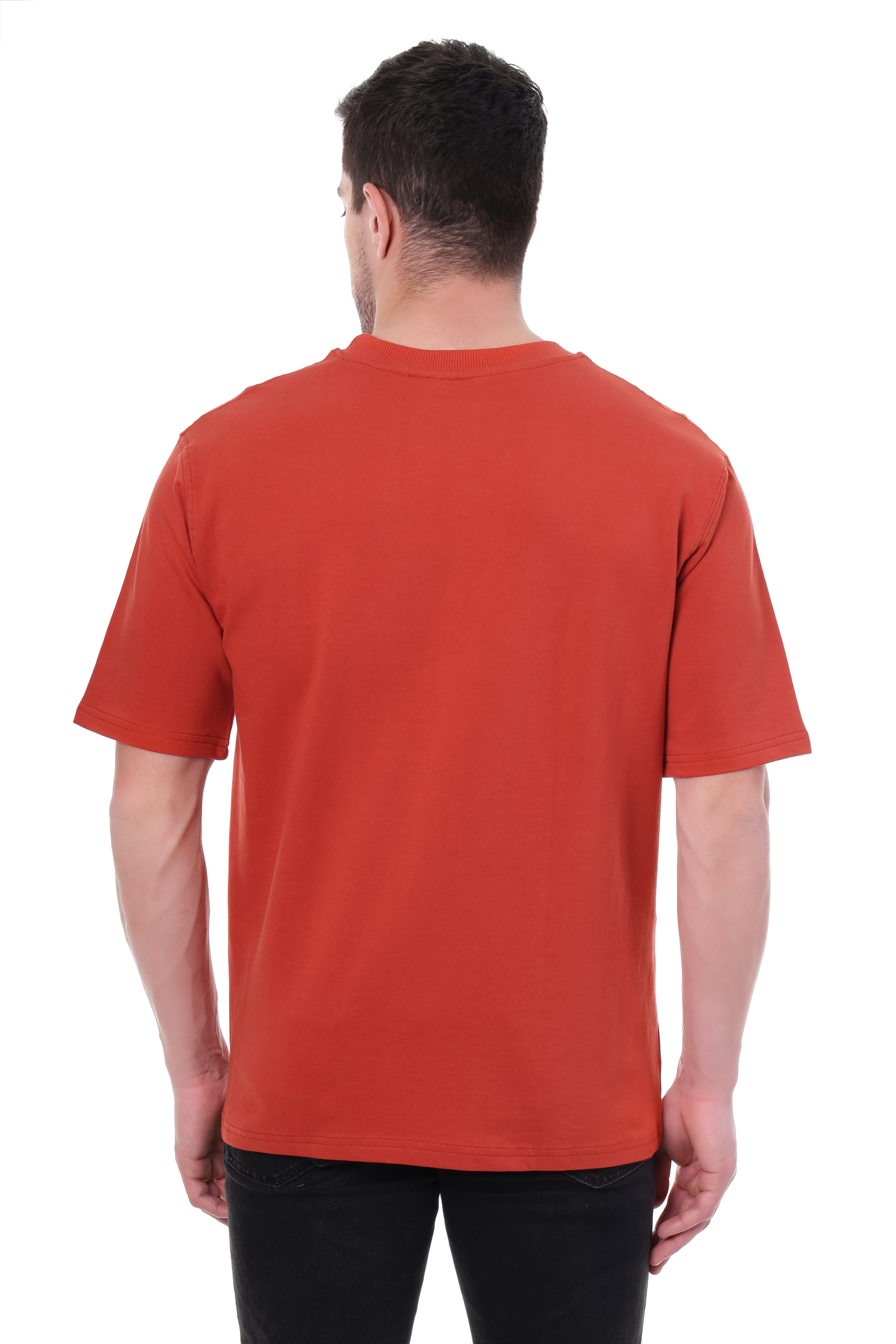 Back side of Tin Brother Eagle unisex tee – plain rust red tone with soft finish