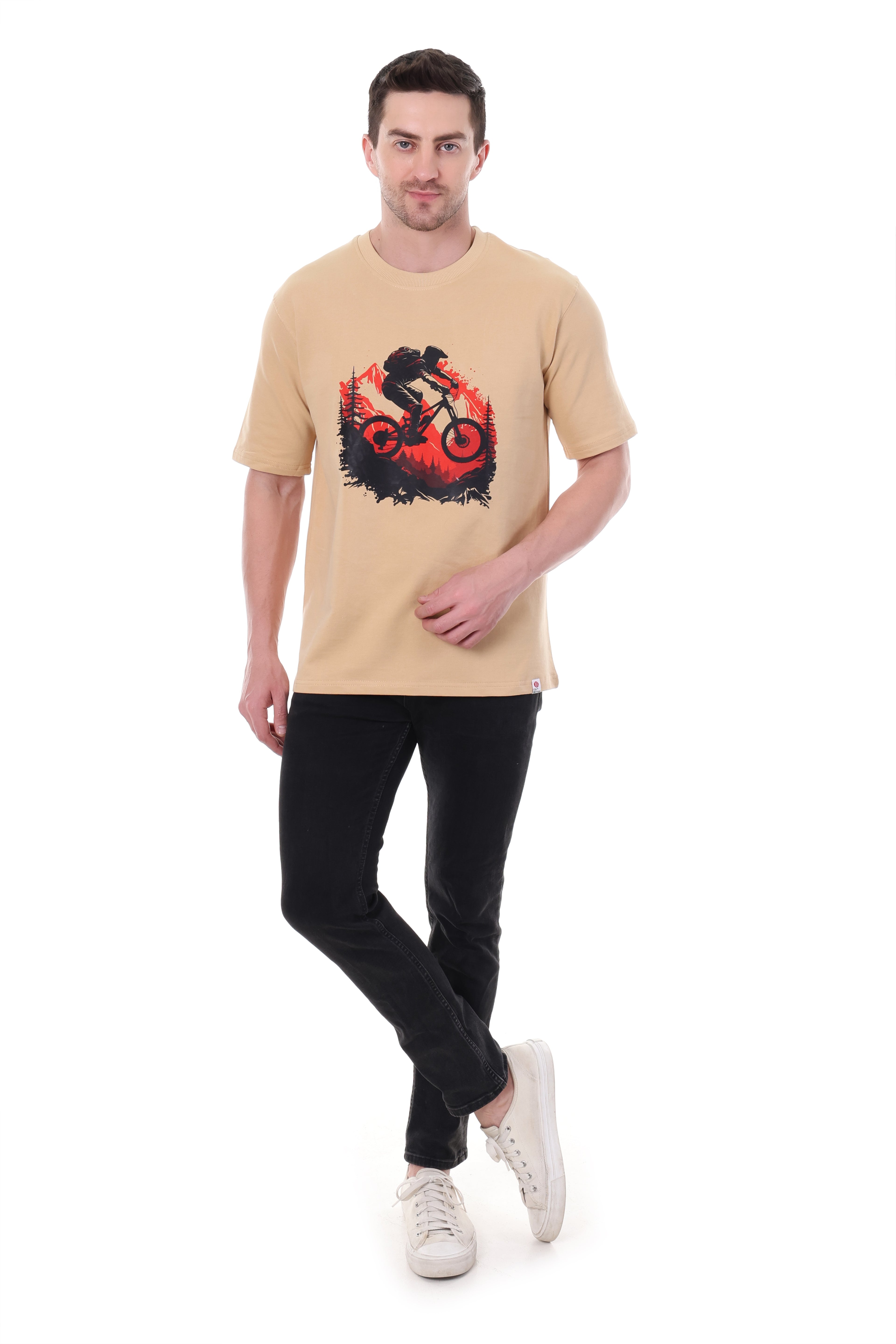 Flat lay display of Tin Brother 240 GSM oversized t-shirt with mountain cycling print