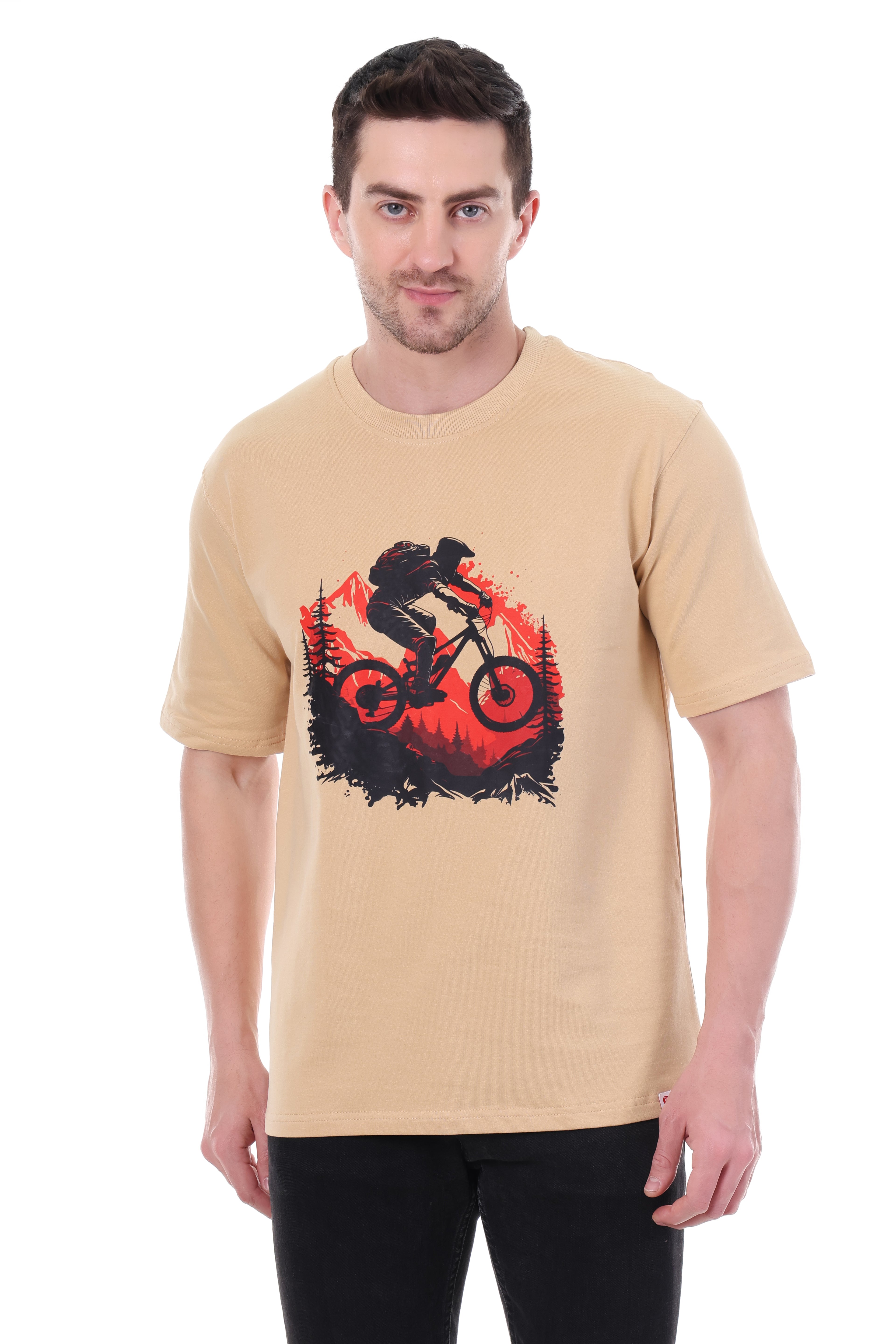 Front view of Tin Brother Mountain Adventure graphic t-shirt in beach color – oversized unisex fit