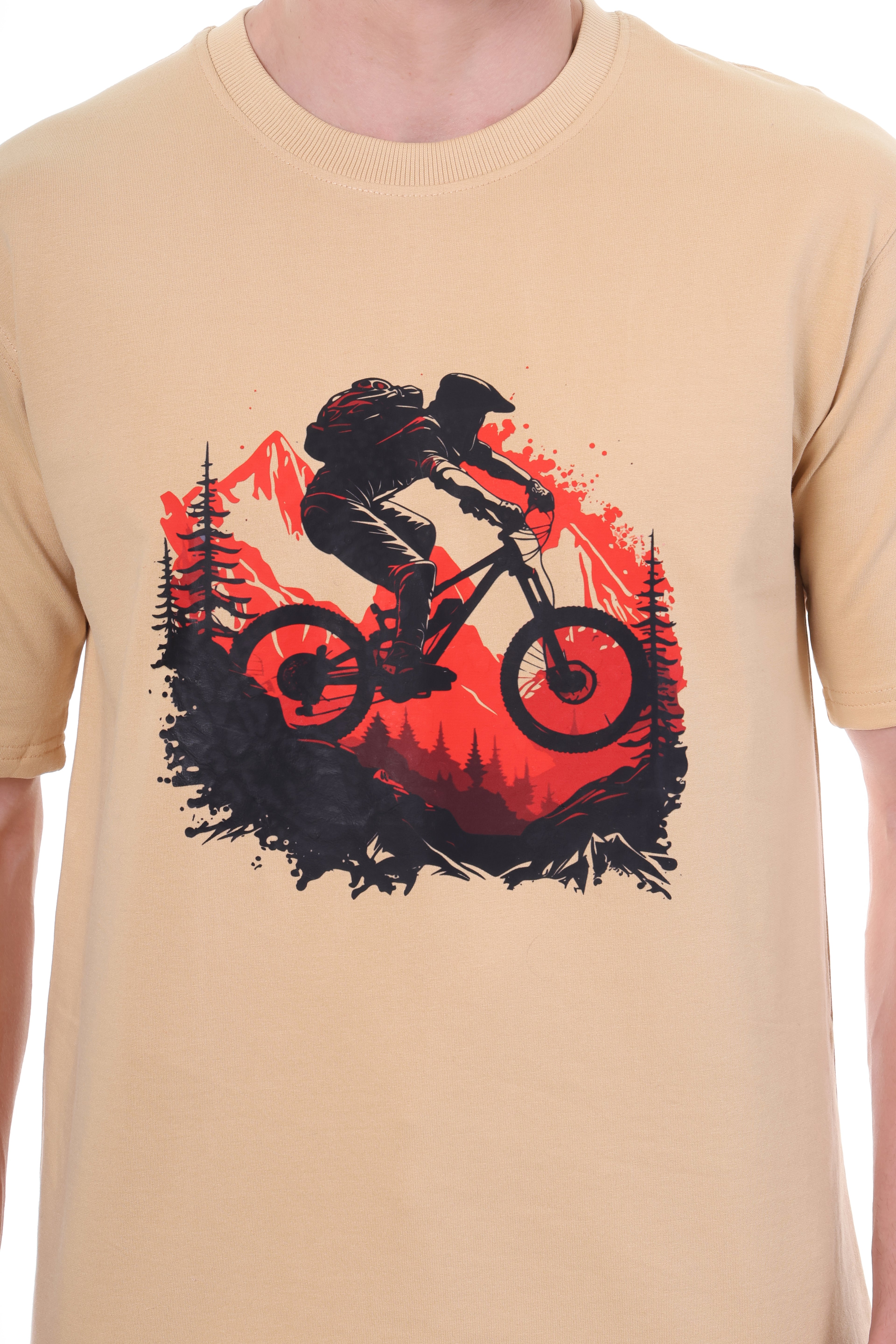 Detailed close-up of cycling mountain graphic – boy riding bicycle on Tin Brother t-shirt