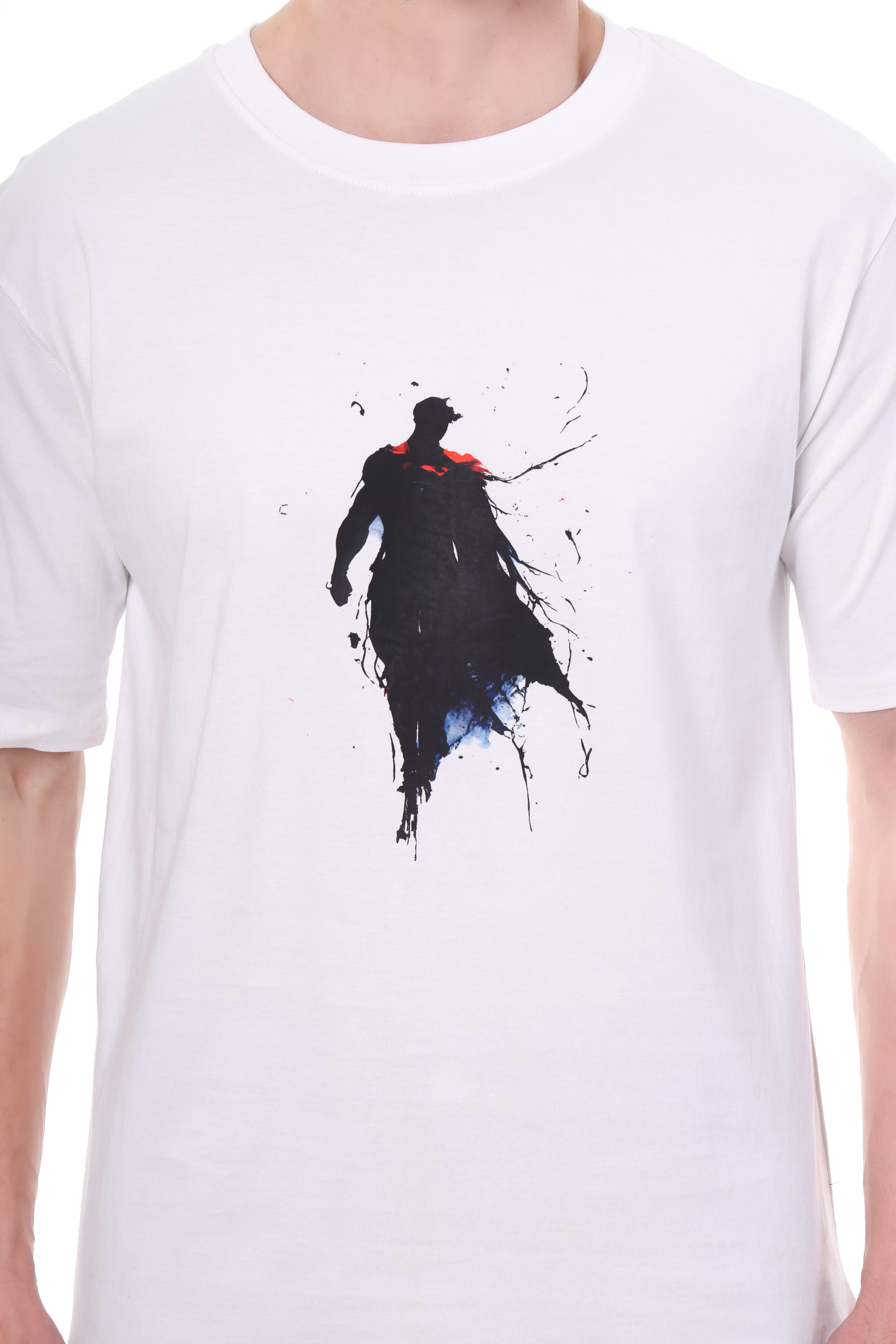 "Close-up of ink-style superhero graphic on white t-shirt"