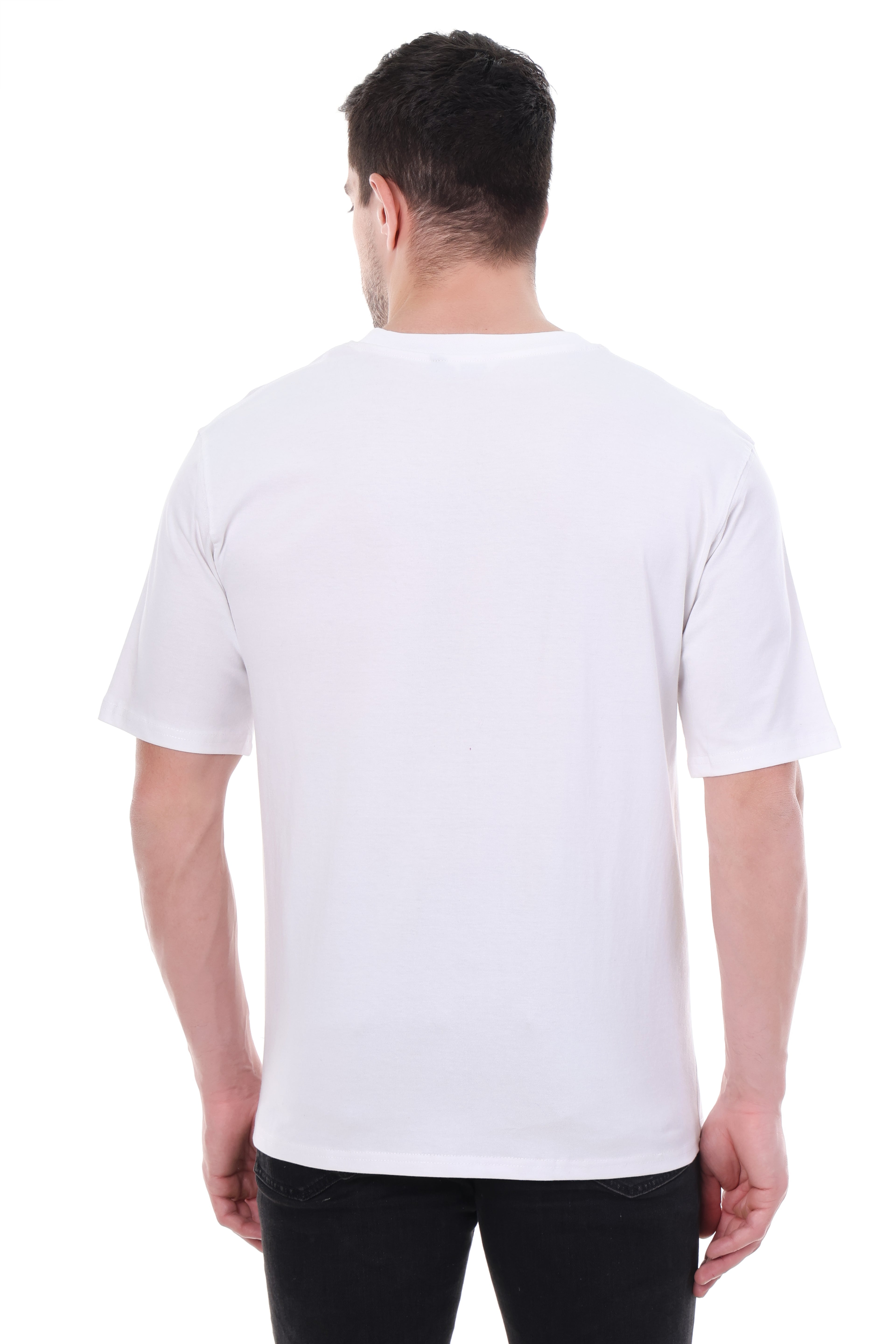 "Back view of 220 GSM white cotton superhero t-shirt"