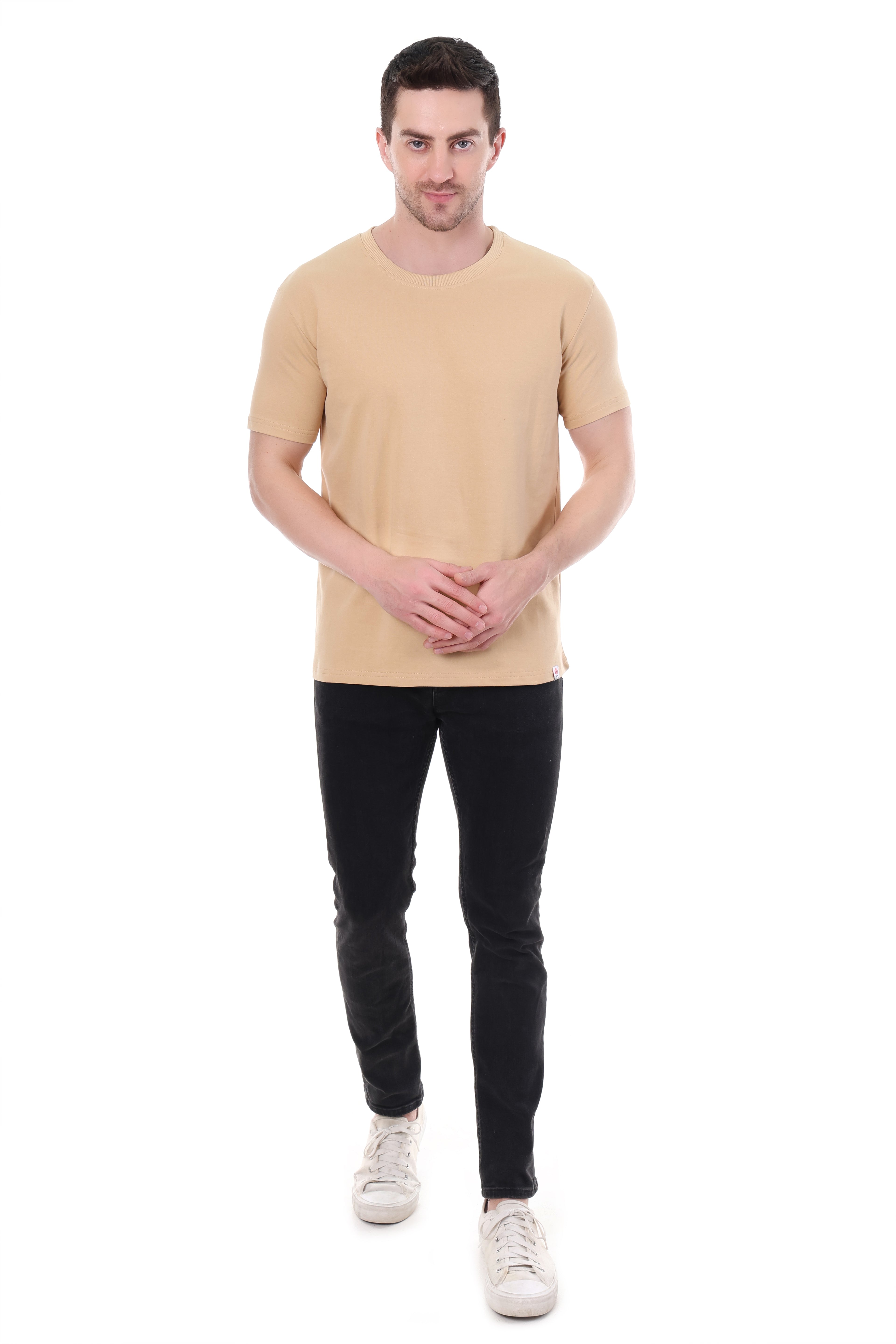 "Model in beach tone regular fit t-shirt – Tin Brother"
