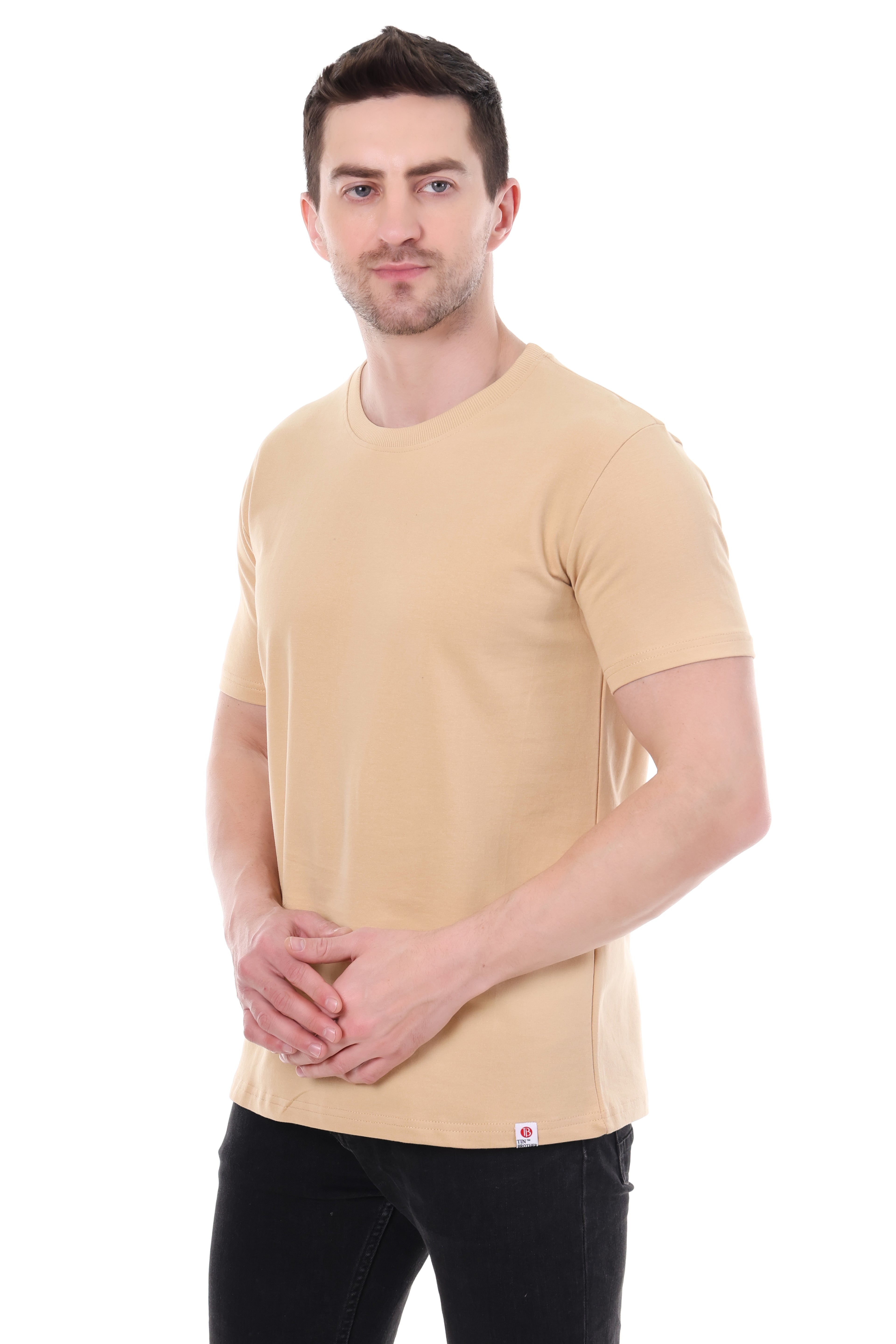 "Side angle of Tin Brother beach color cotton tee"
