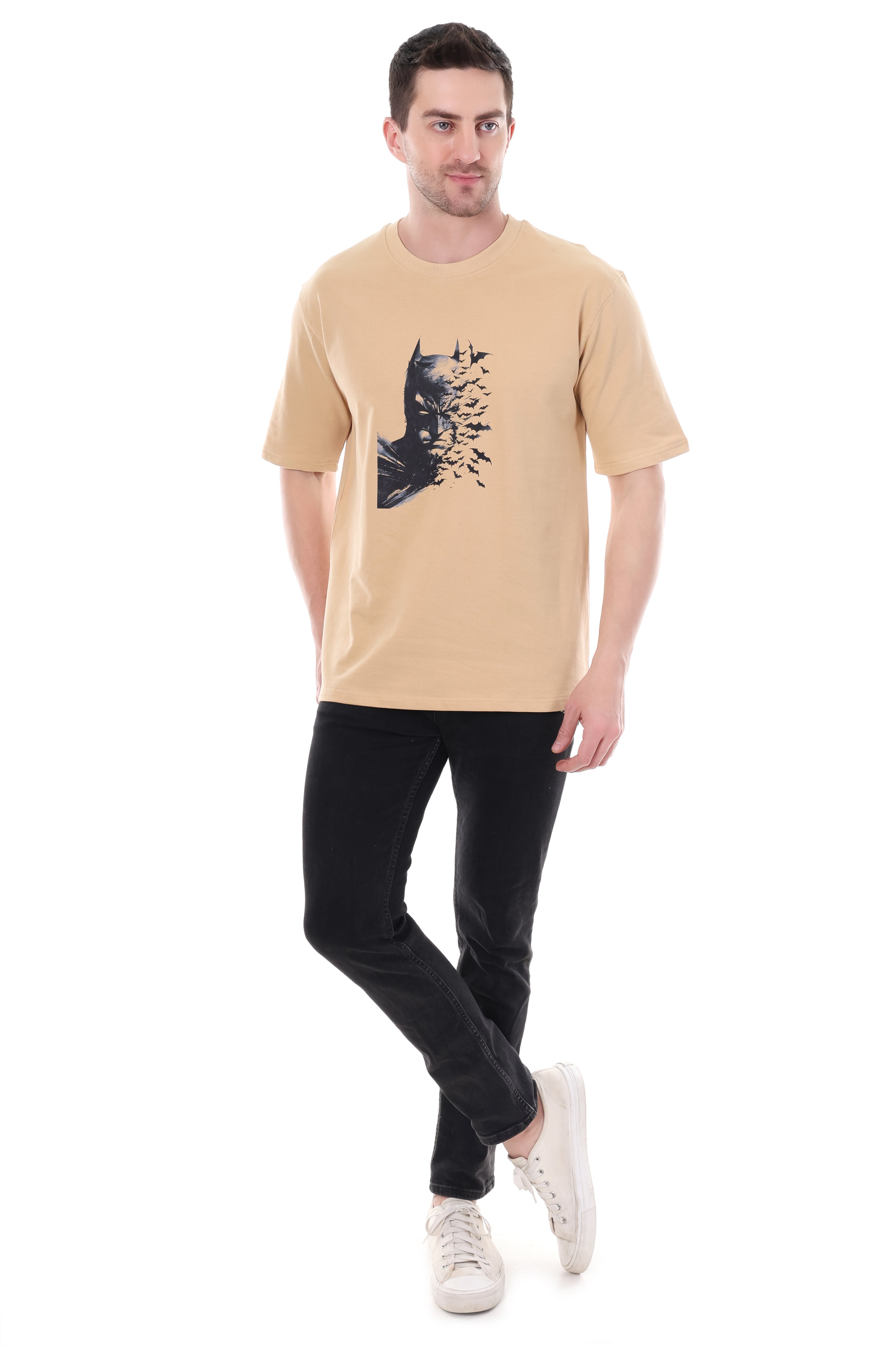 "Front view of Batman graphic beach color t-shirt – Tin Brother"