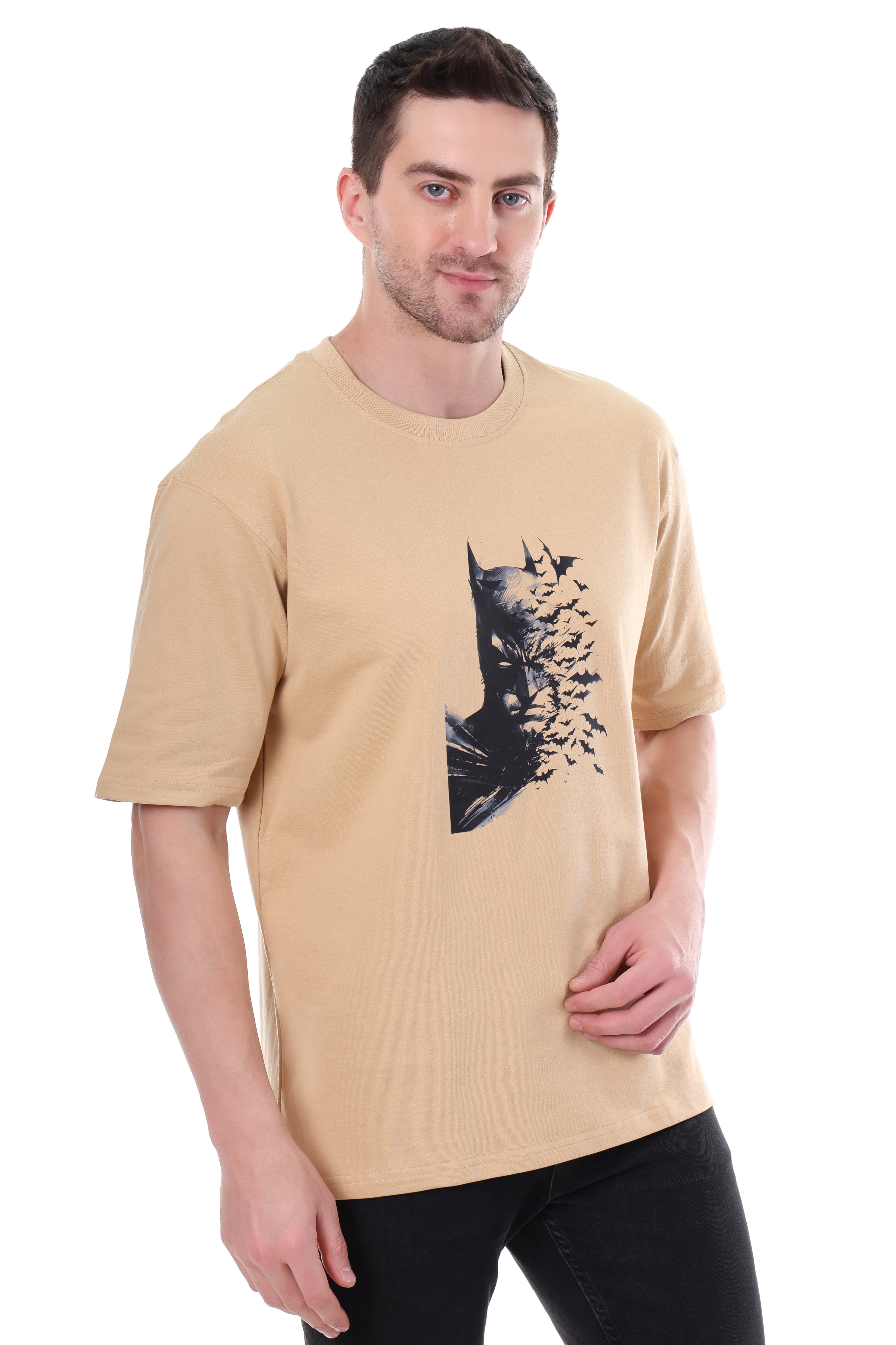 "Side angle of 240 GSM beach color Batman t-shirt"