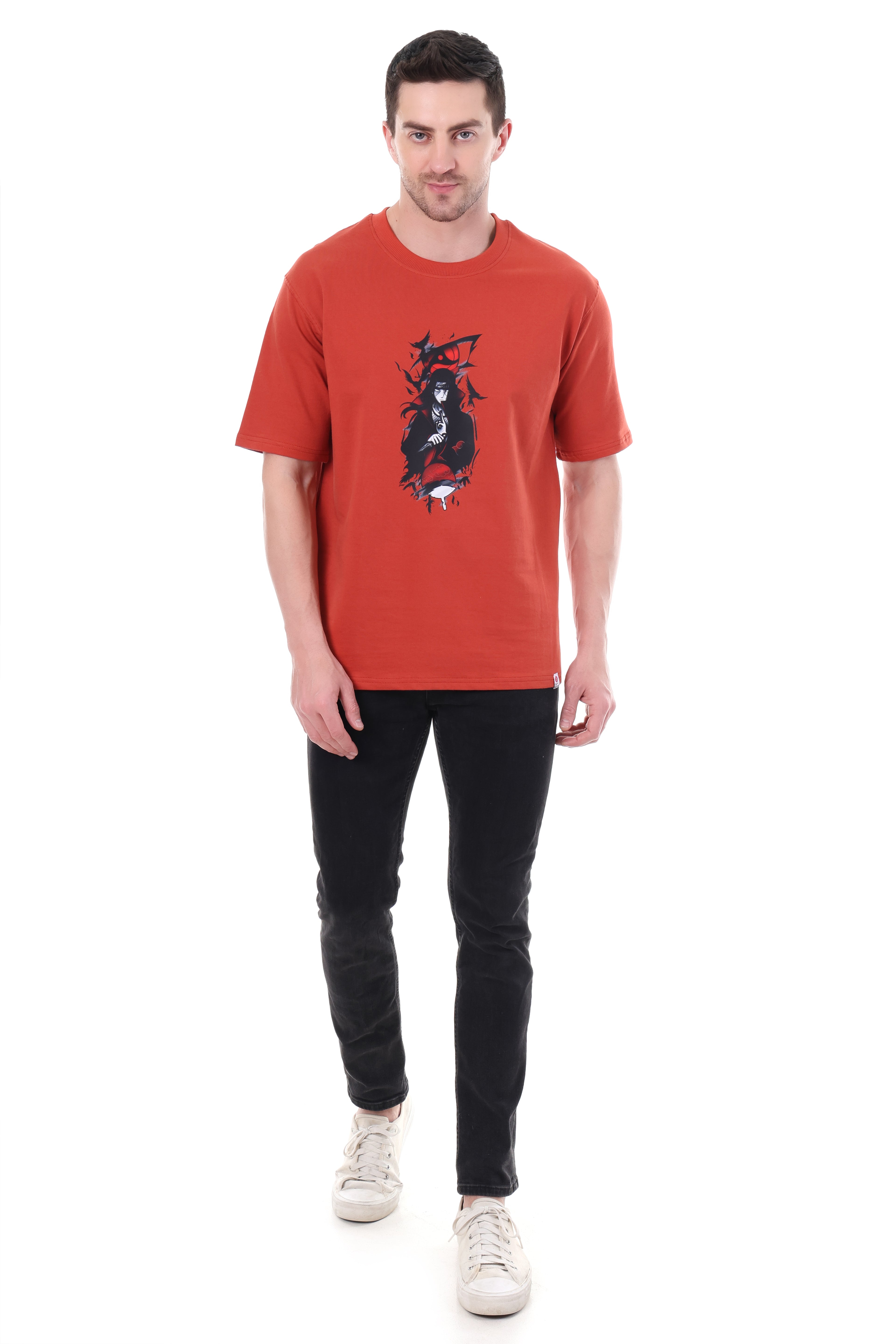 "Model wearing Tin Brother oversized red Itachi t-shirt"