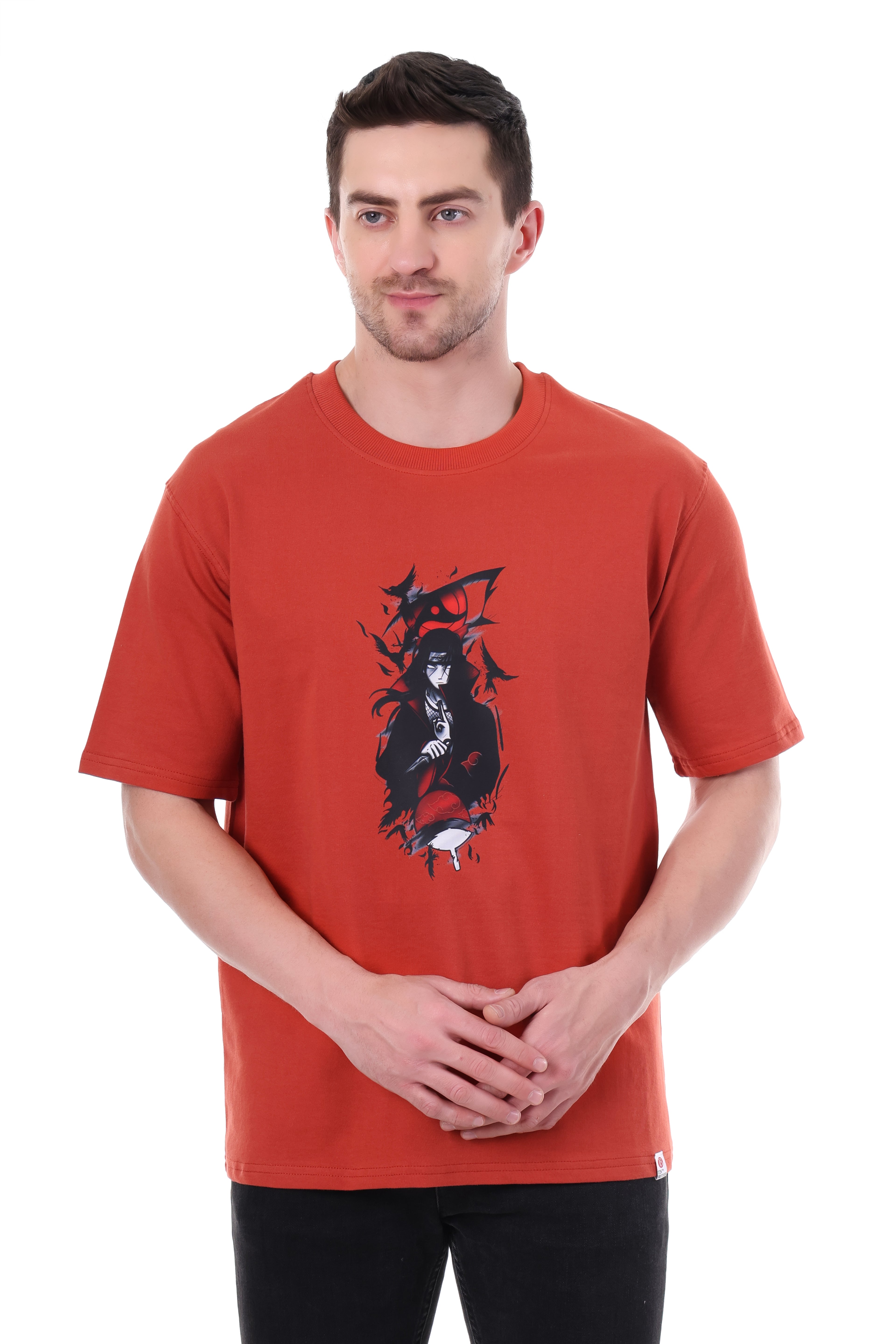 "Close-up of Itachi Uchiha print on red cotton t-shirt"