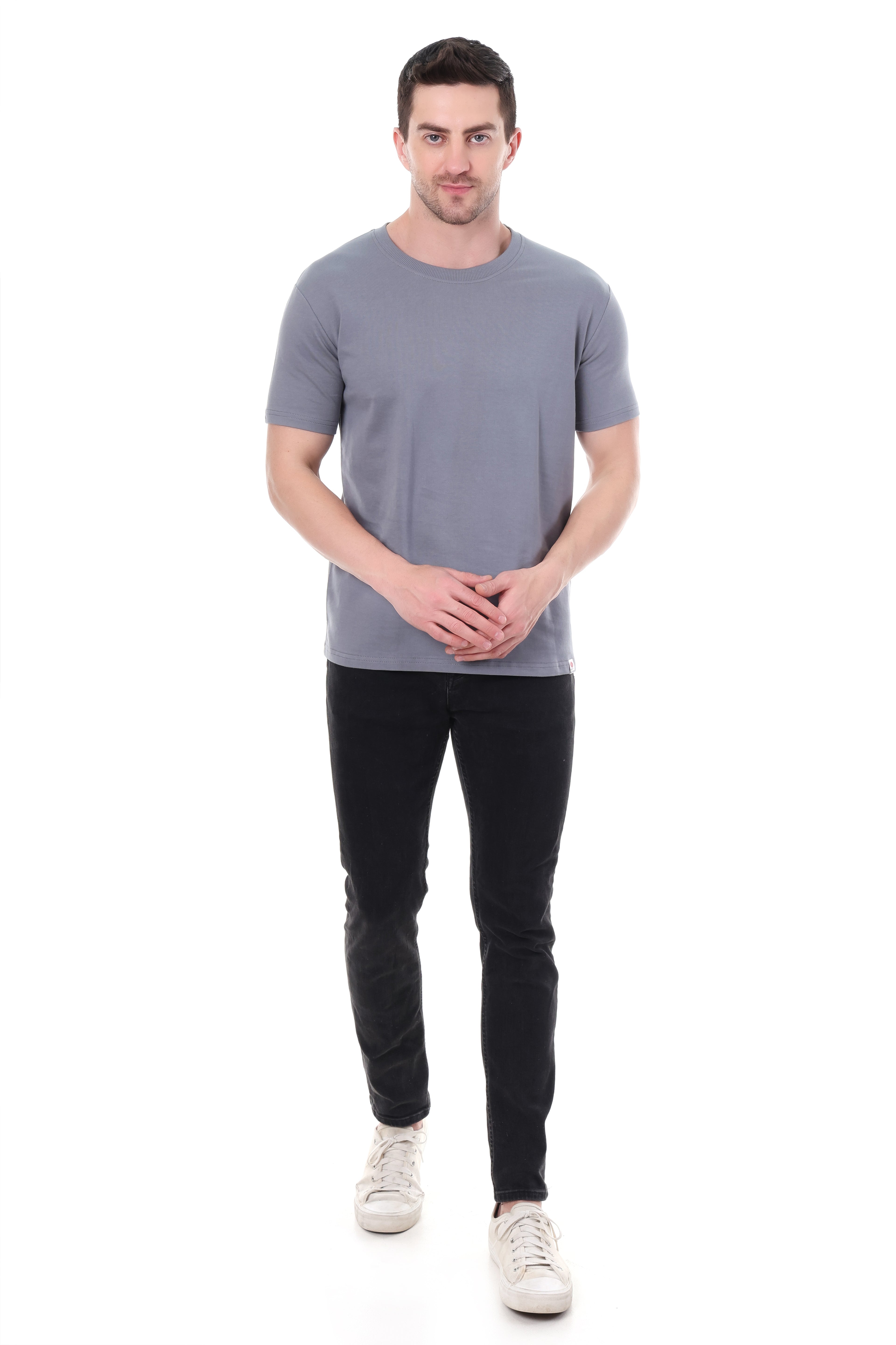 "Model in solid grey regular t-shirt – Tin Brother style"