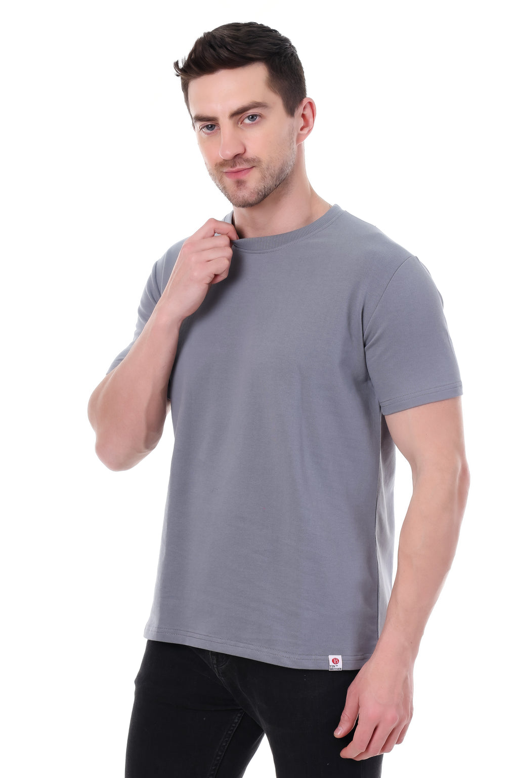 "Close-up of terry cotton texture on 240 GSM grey tee"