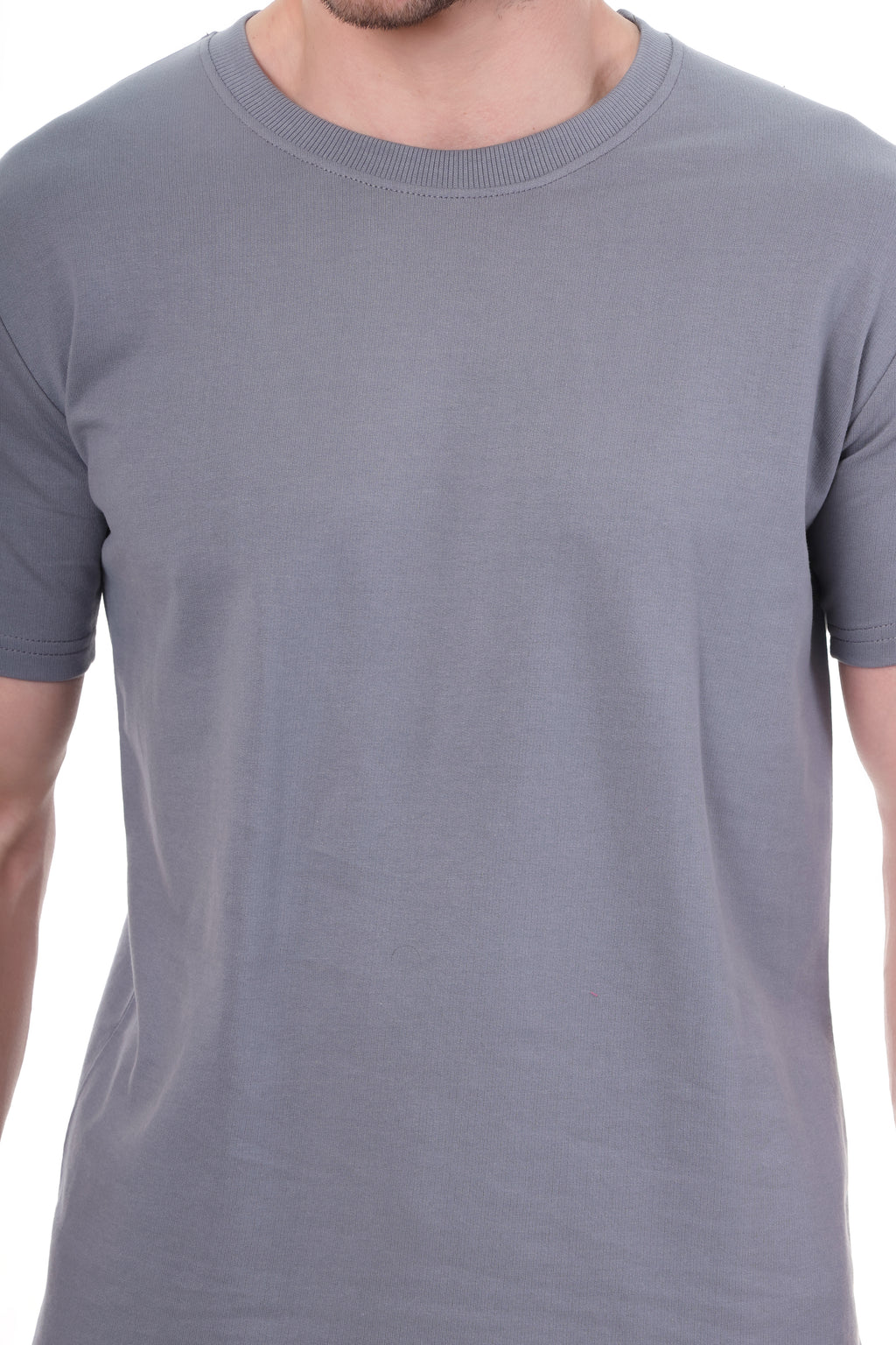 "Close-up of terry cotton texture on 240 GSM grey tee"