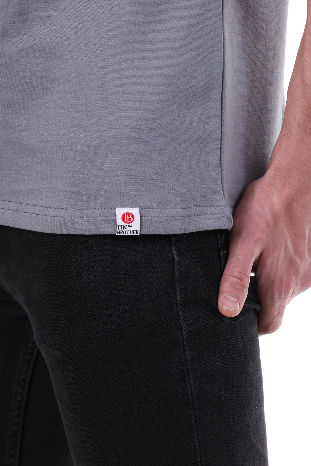 "Tin Brother tag on premium grey regular fit t-shirt"