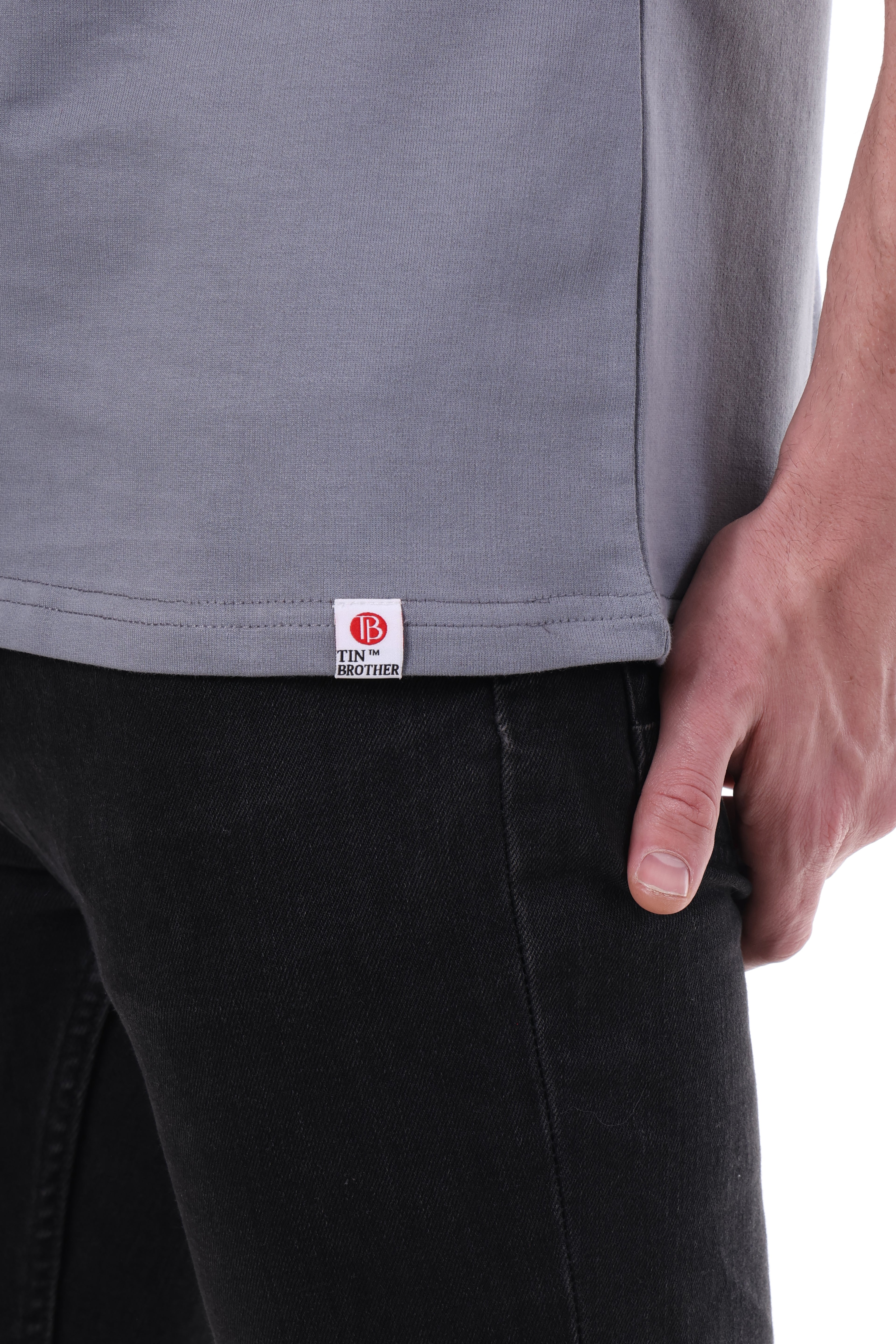"Tin Brother tag on premium grey regular fit t-shirt"