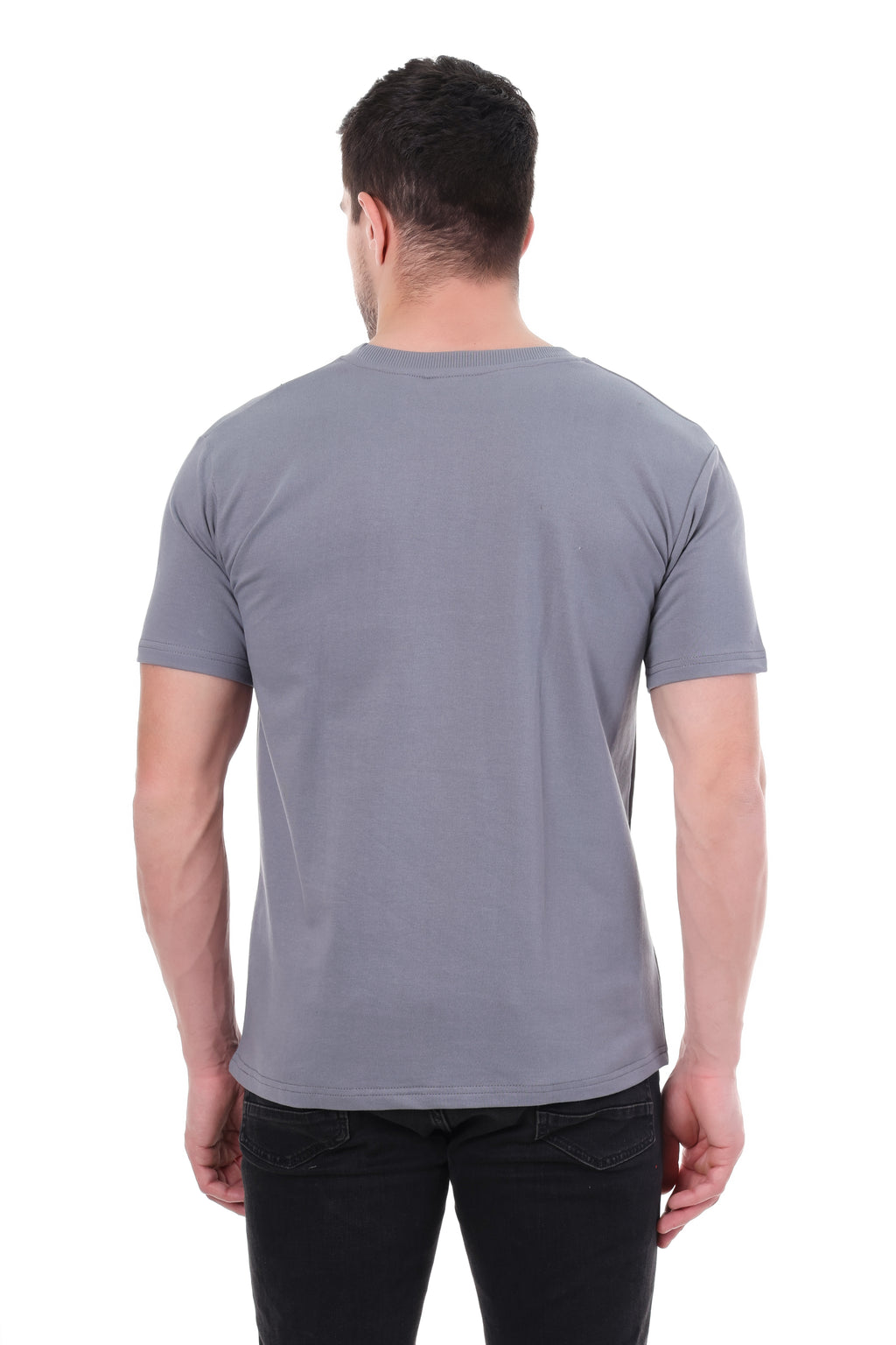 "Back view of Tin Brother solid grey t-shirt"